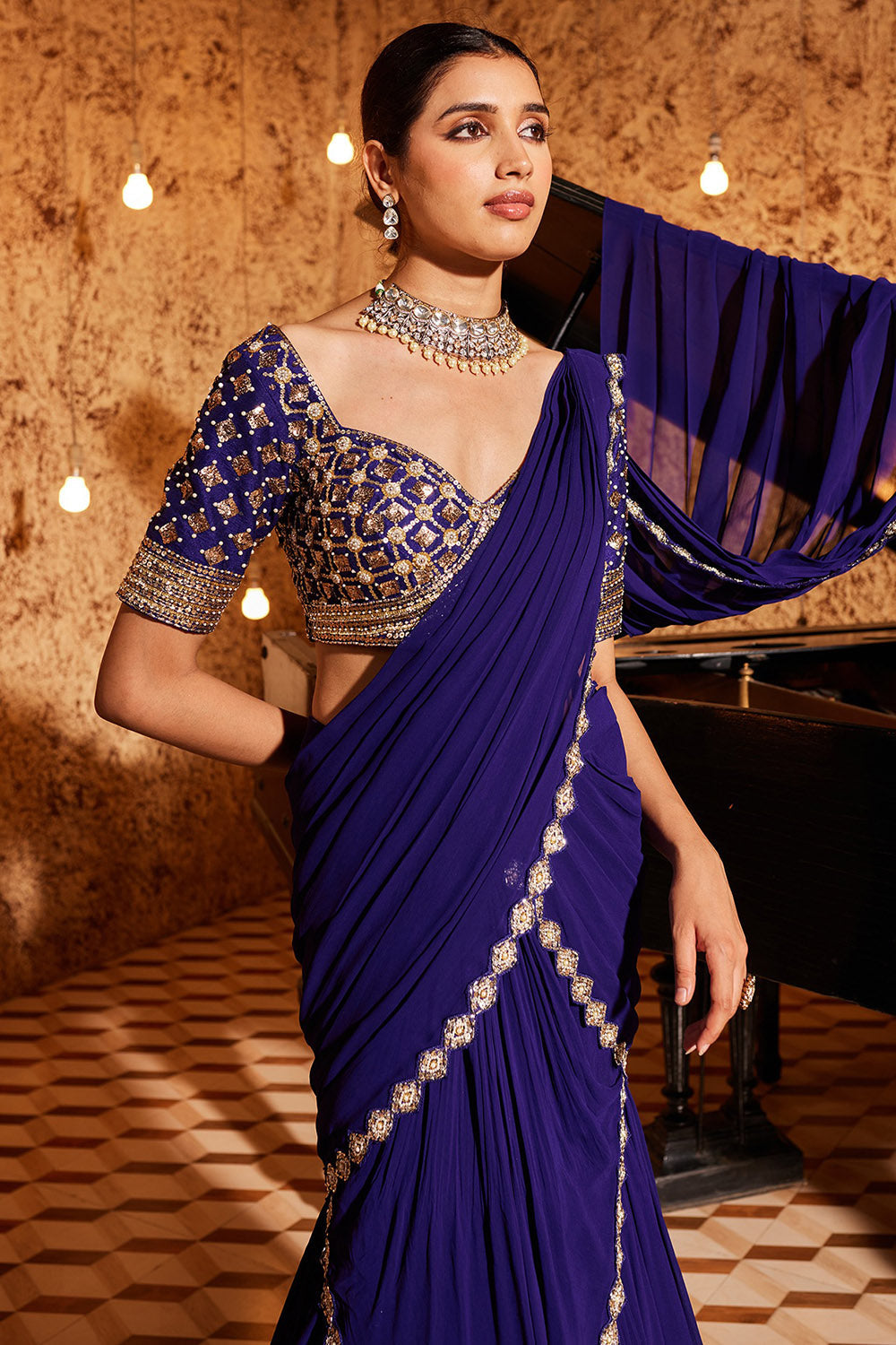 Georgette Purple Draped Saree Set - Auraya Fashion -  - #tag1# - #tag2# - #tag3# - #tag3#