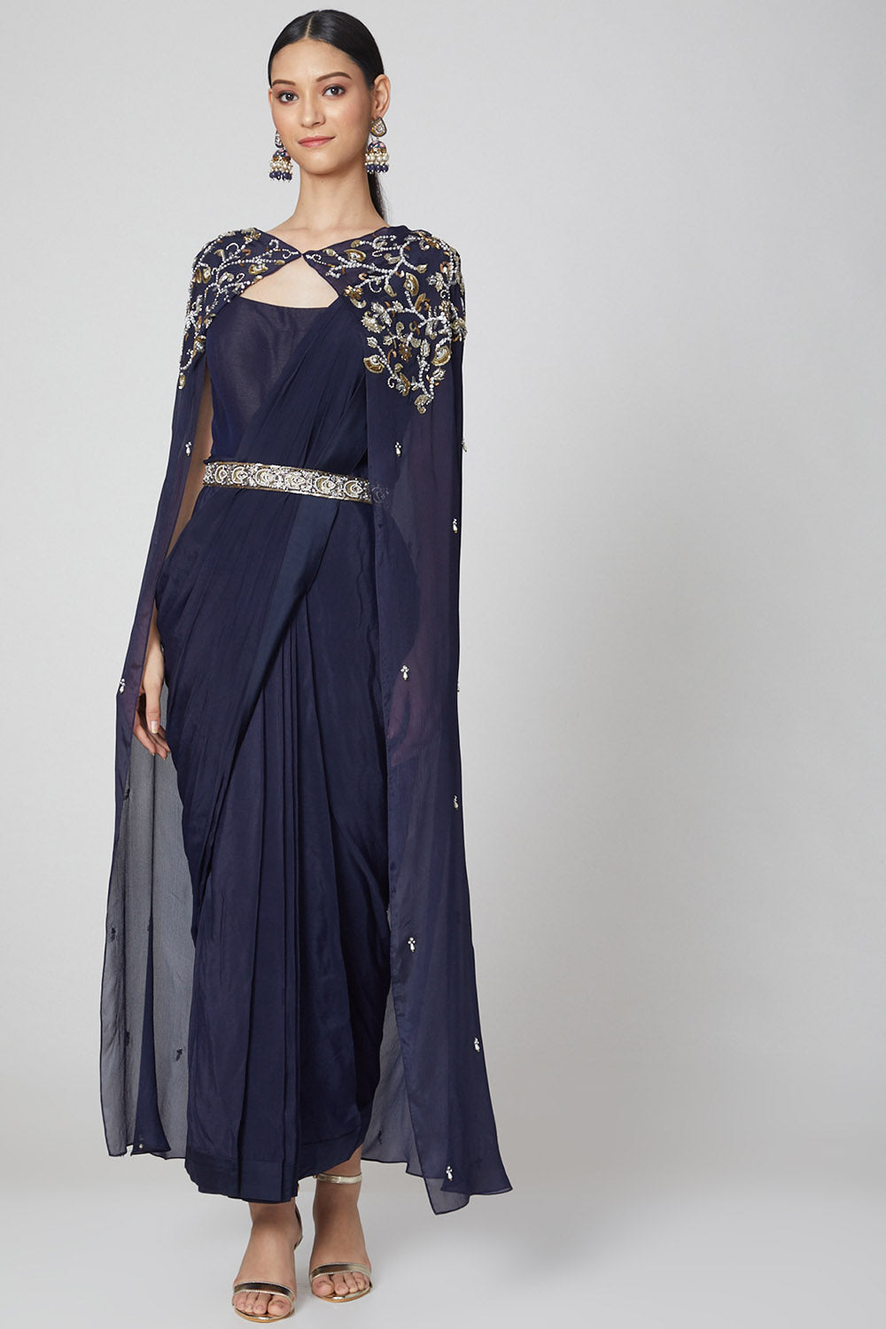 Cape Navy Blue Saree Gown With Belt - Auraya Fashion - Nidhika Shekhar - #tag1# - #tag2# - #tag3# - #tag3#