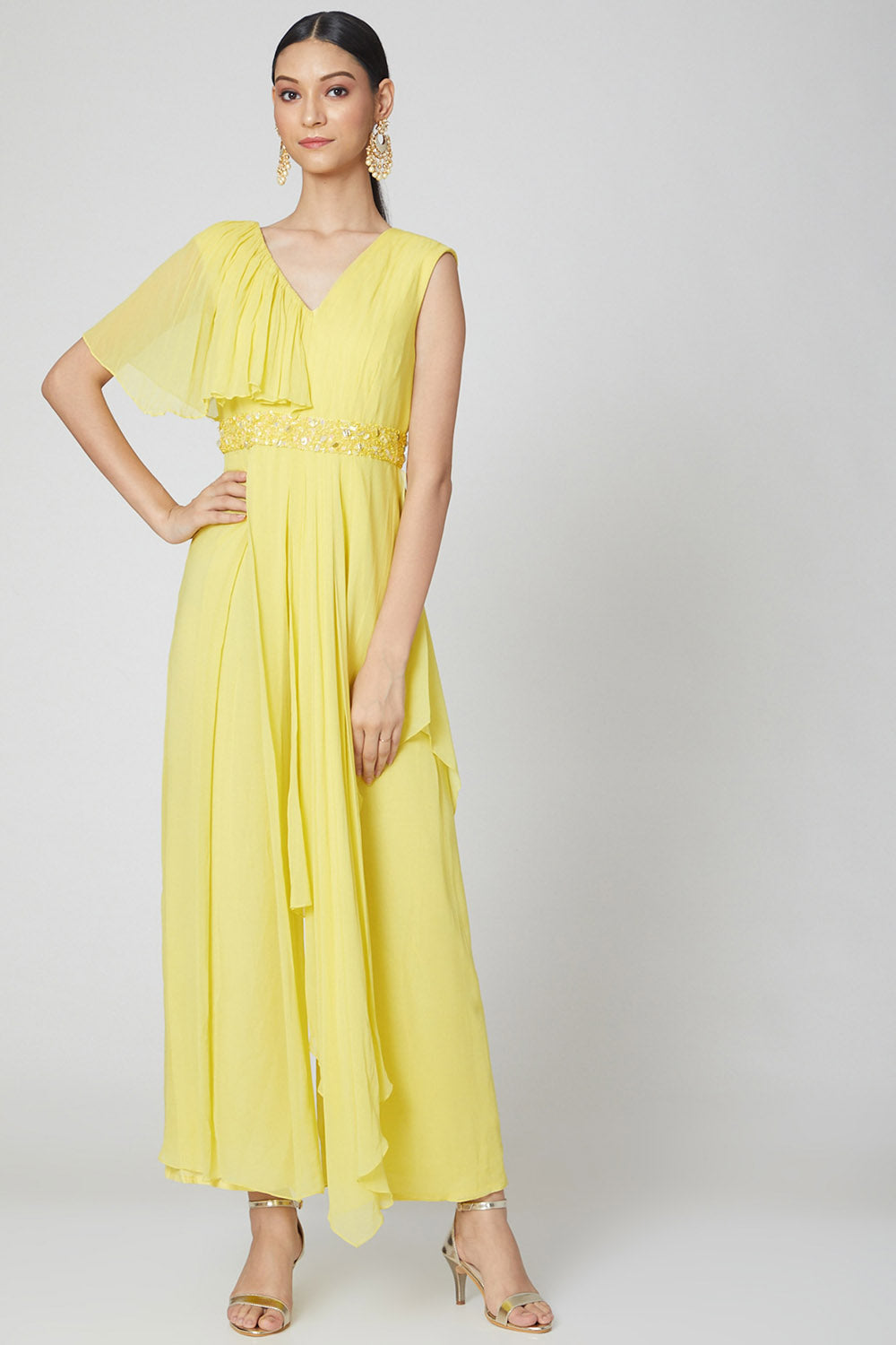 Draped Neon Yellow Jumpsuit With Embroidered Belt - Auraya Fashion - Nidhika Shekhar - #tag1# - #tag2# - #tag3# - #tag3#