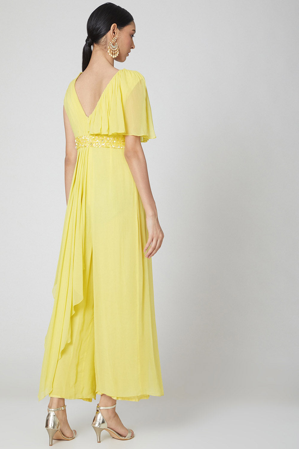 Draped Neon Yellow Jumpsuit With Embroidered Belt - Auraya Fashion -  - #tag1# - #tag2# - #tag3# - #tag3#