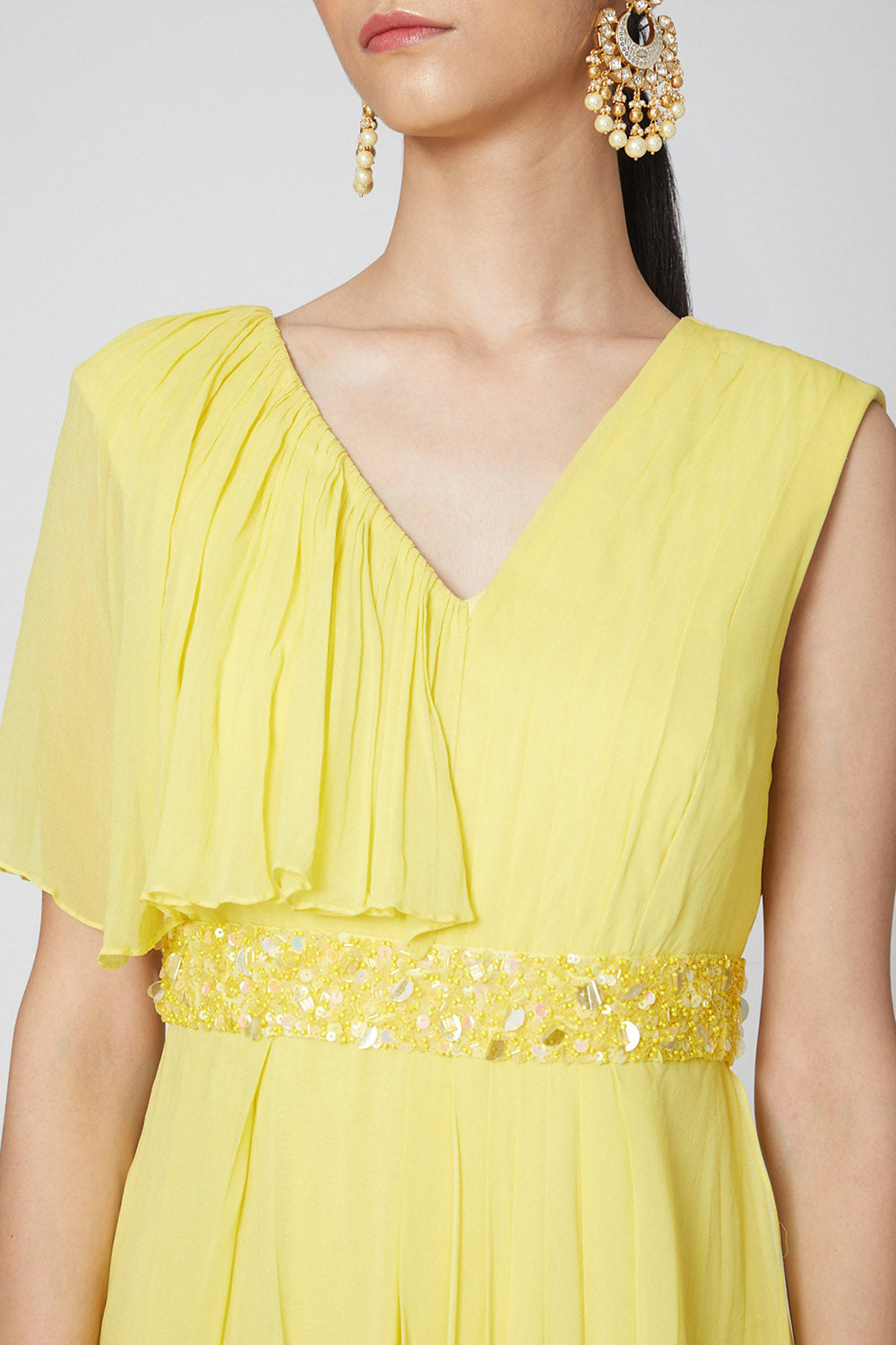 Draped Neon Yellow Jumpsuit With Embroidered Belt - Auraya Fashion -  - #tag1# - #tag2# - #tag3# - #tag3#