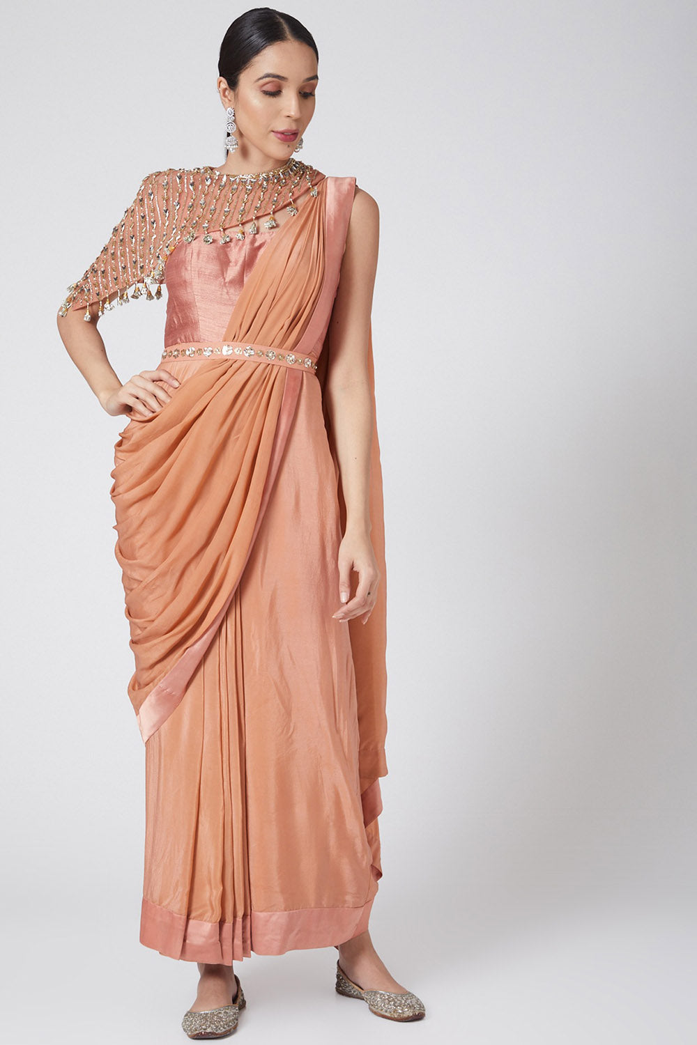 Draped Blush Pink Saree With Embroidered Cape & Belt - Auraya Fashion - Nidhika Shekhar - #tag1# - #tag2# - #tag3# - #tag3#