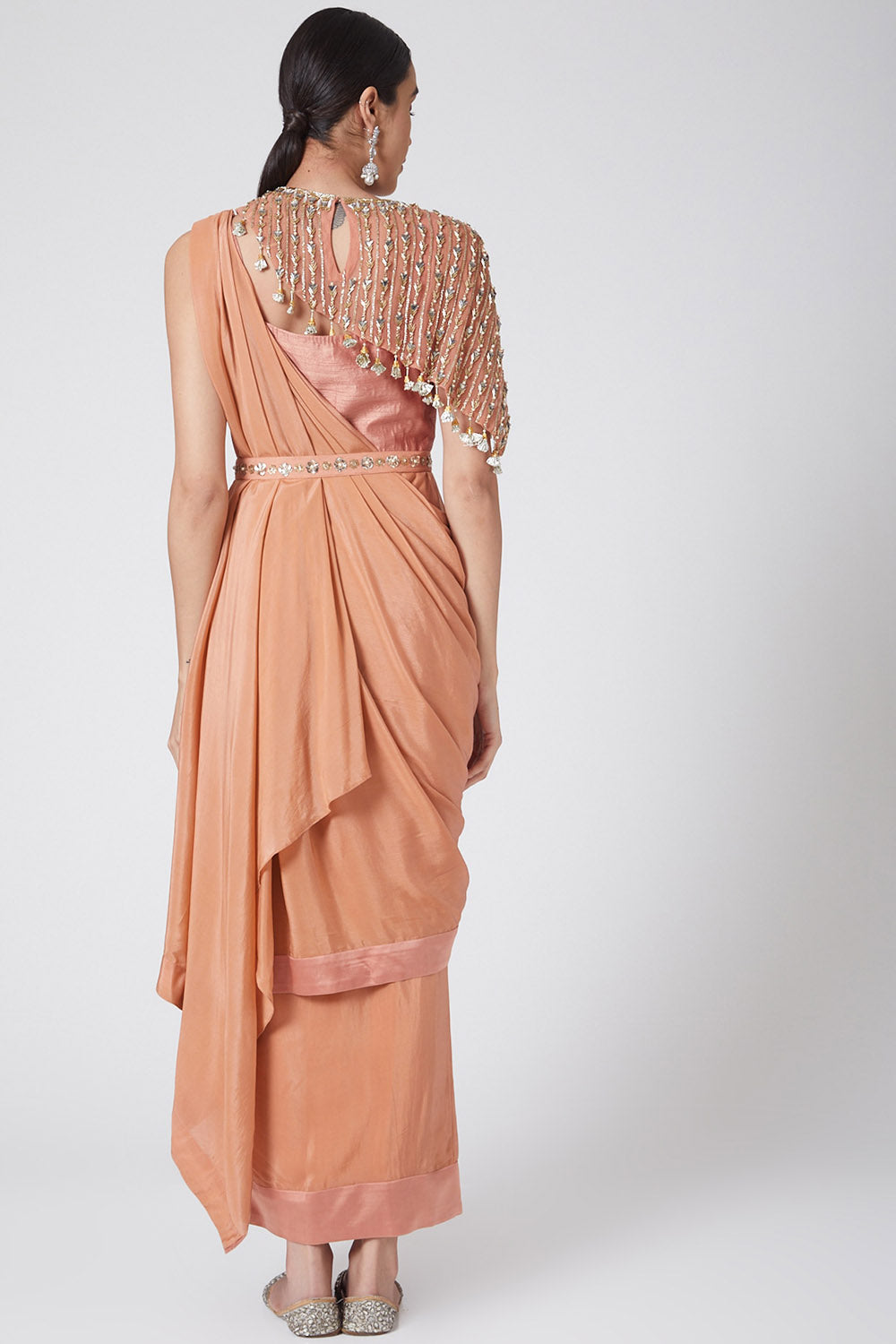 Draped Blush Pink Saree With Embroidered Cape & Belt - Auraya Fashion -  - #tag1# - #tag2# - #tag3# - #tag3#