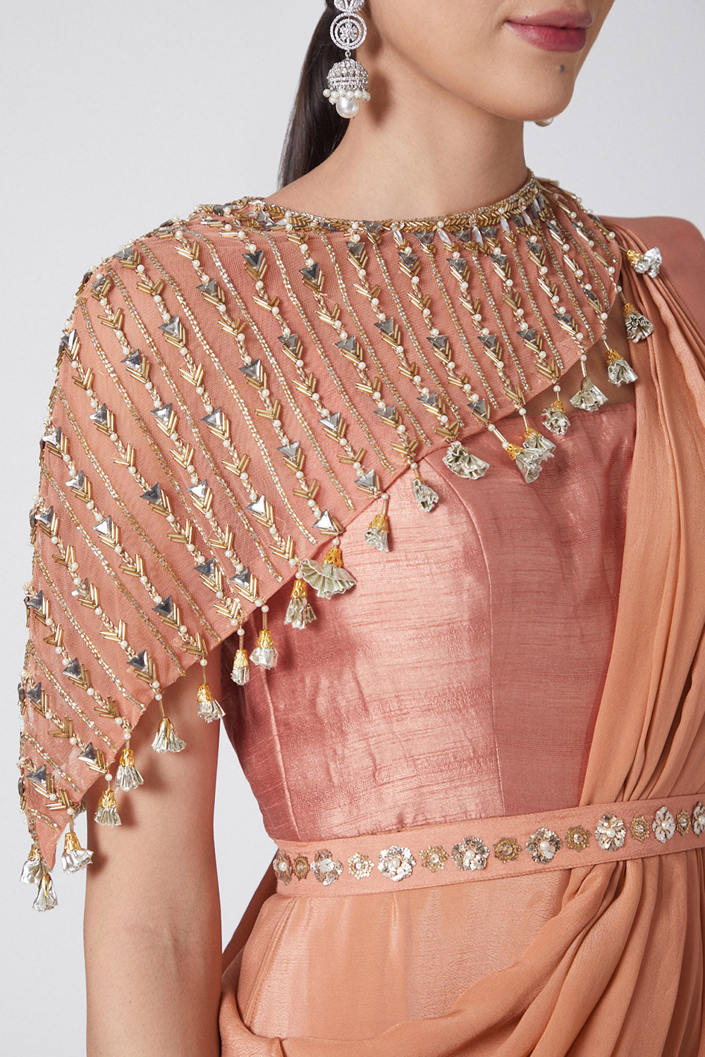 Draped Blush Pink Saree With Embroidered Cape & Belt - Auraya Fashion -  - #tag1# - #tag2# - #tag3# - #tag3#