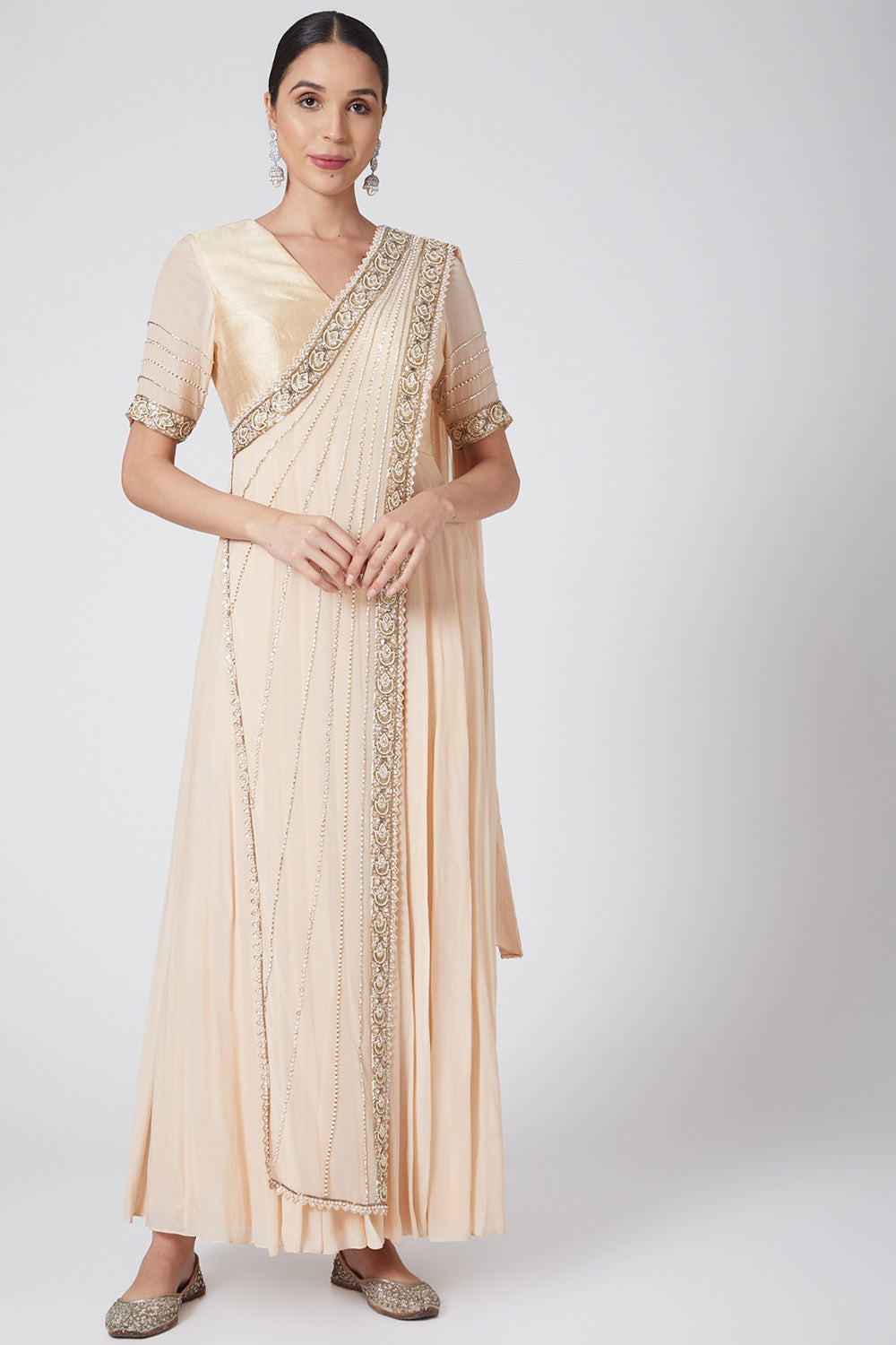 Embroidered Beige Draped Anarkali - Auraya Fashion - Nidhika Shekhar - #tag1# - #tag2# - #tag3# - #tag3#