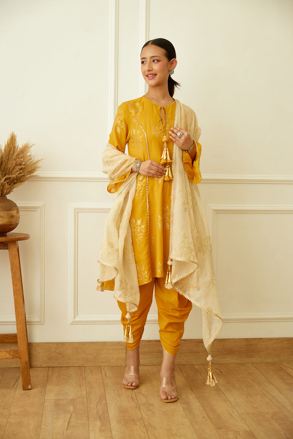 Ochre Foil Dhoti Set - Auraya Fashion - Nikasha - #tag1# - #tag2# - #tag3# - #tag3#