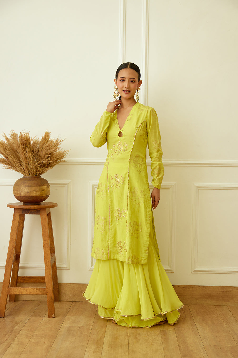 Lime Green Foil Embroidered Sharara Set - Auraya Fashion -  - #tag1# - #tag2# - #tag3# - #tag3#