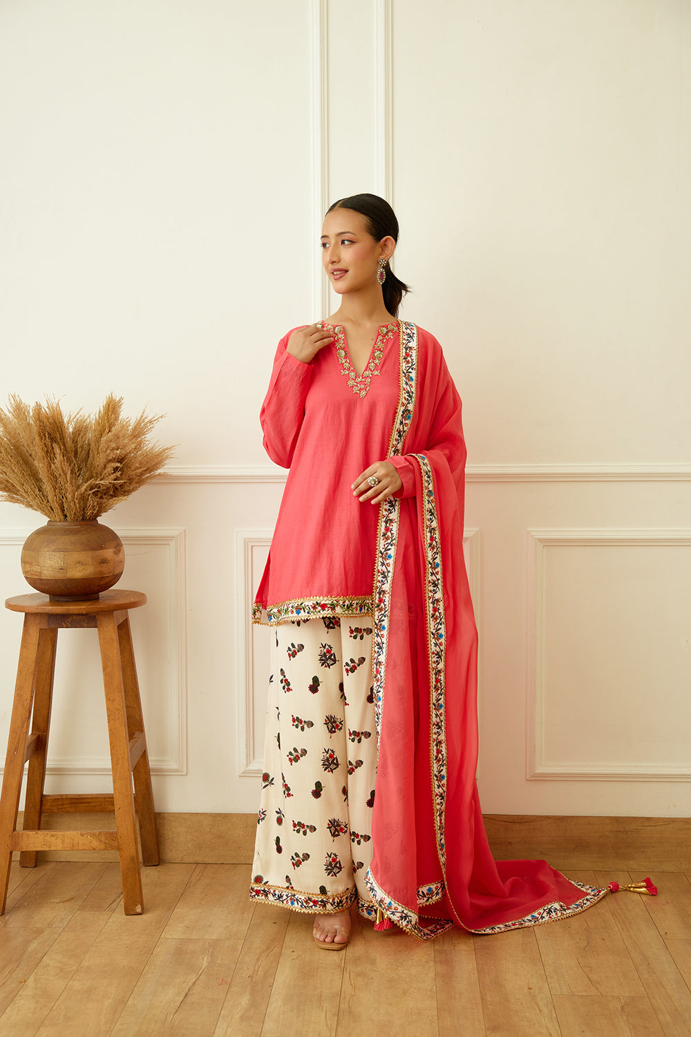 Coral Embroidered Kurta Set - Auraya Fashion - Nikasha - #tag1# - #tag2# - #tag3# - #tag3#