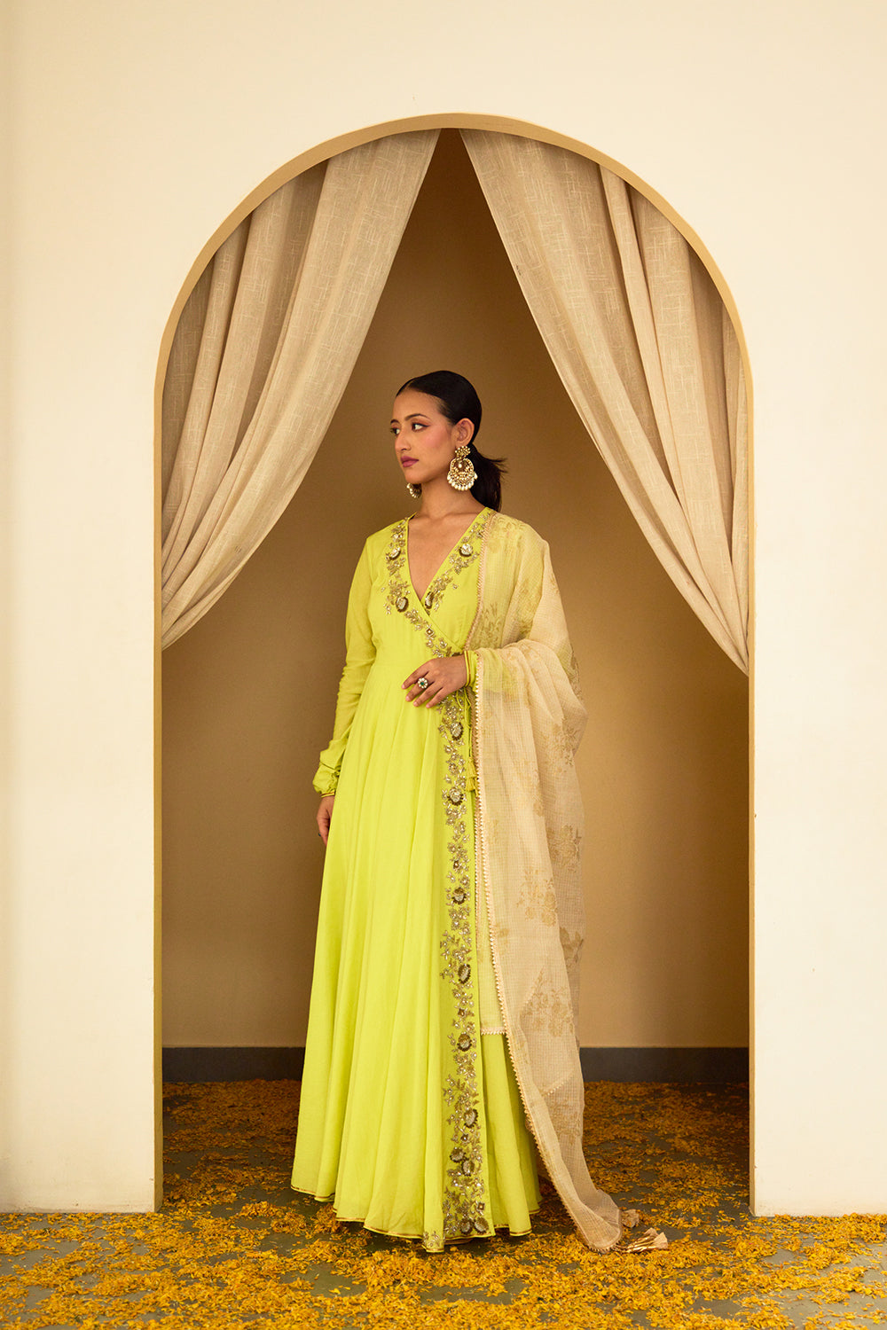 Lime Green Embroidered Angrakha Set - Auraya Fashion -  - #tag1# - #tag2# - #tag3# - #tag3#