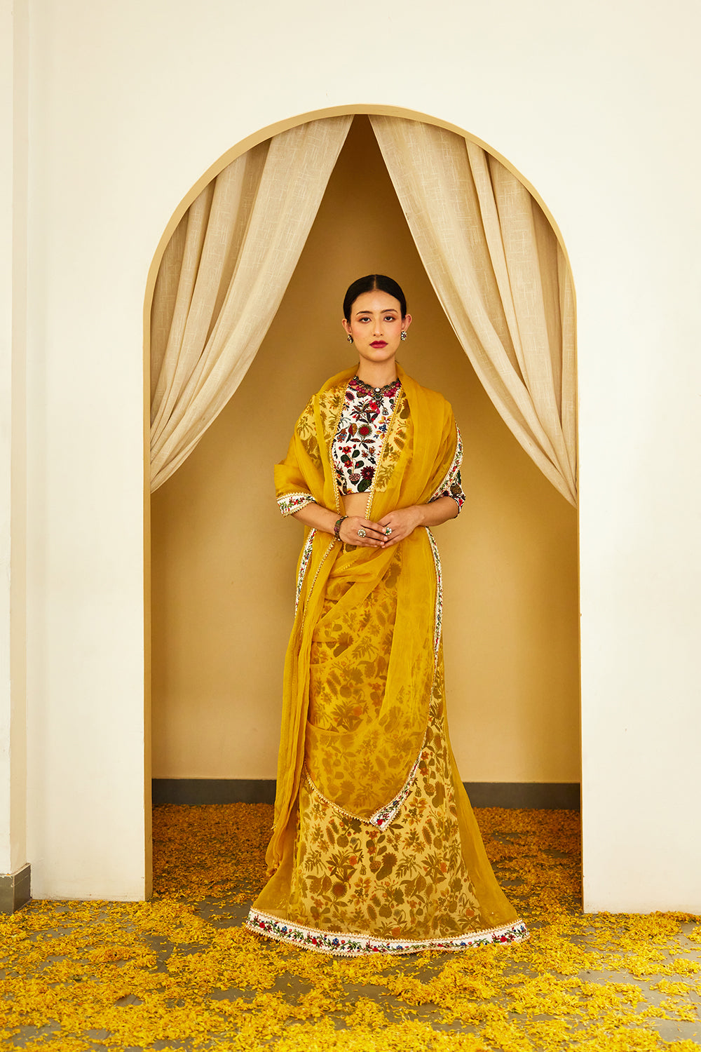 Ochre Pure Organza Double Layer Lehenga Set - Auraya Fashion - Nikasha - #tag1# - #tag2# - #tag3# - #tag3#