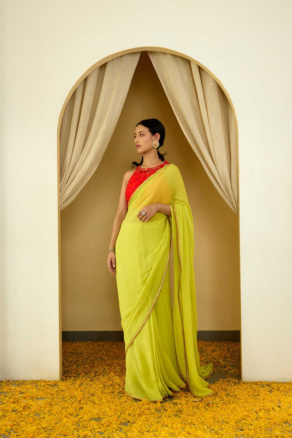 Lime Green Pure Silk Chiffon Saree - Auraya Fashion - Nikasha - #tag1# - #tag2# - #tag3# - #tag3#