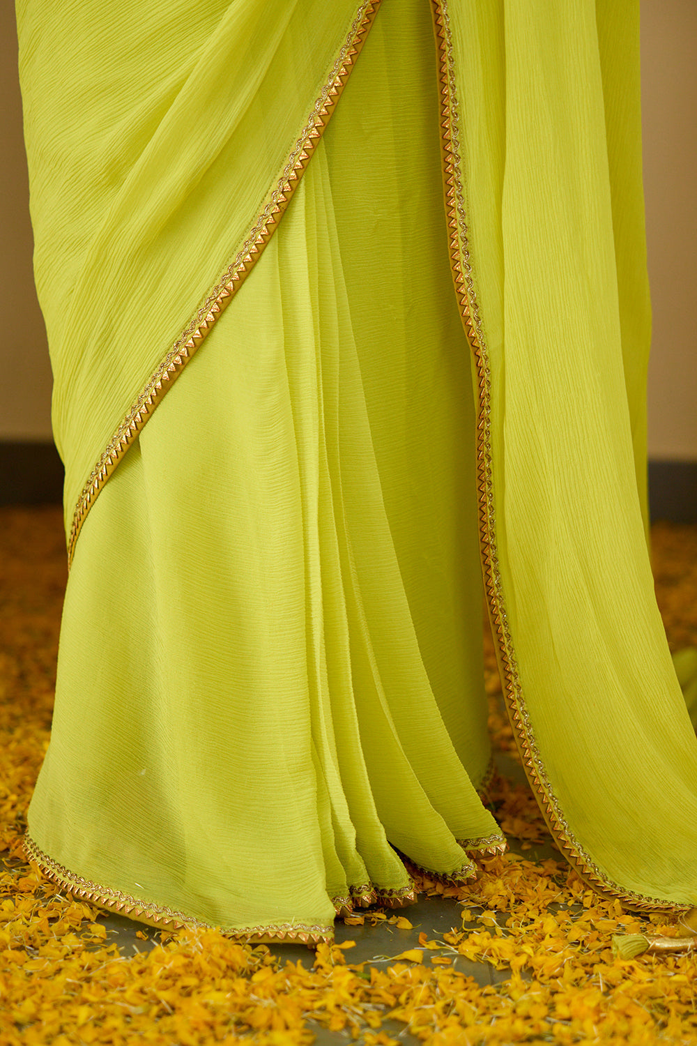 Lime Green Pure Silk Chiffon Saree - Auraya Fashion -  - #tag1# - #tag2# - #tag3# - #tag3#