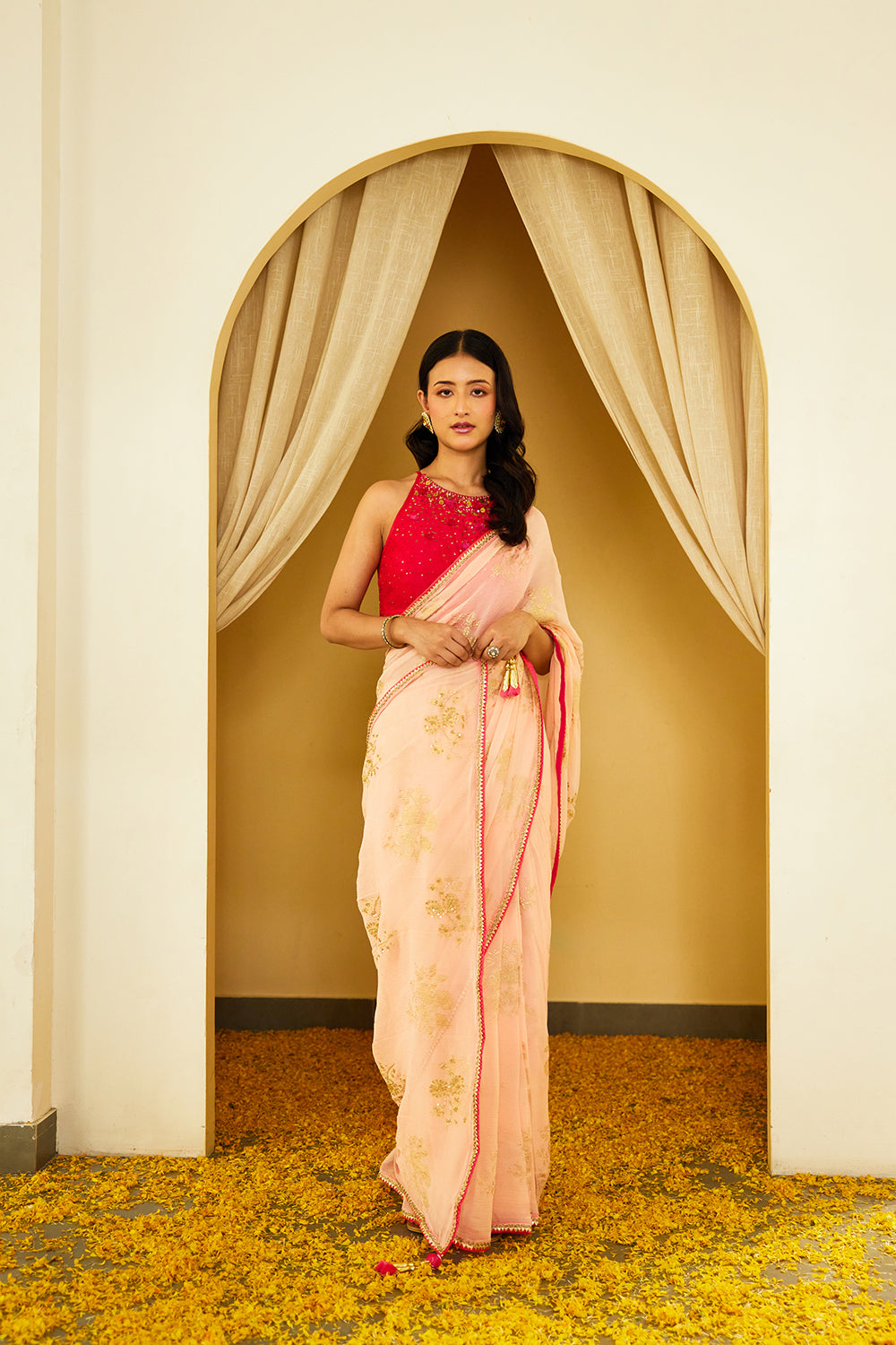 Peach Foil Pure Silk Chiffon Saree - Auraya Fashion - Nikasha - #tag1# - #tag2# - #tag3# - #tag3#