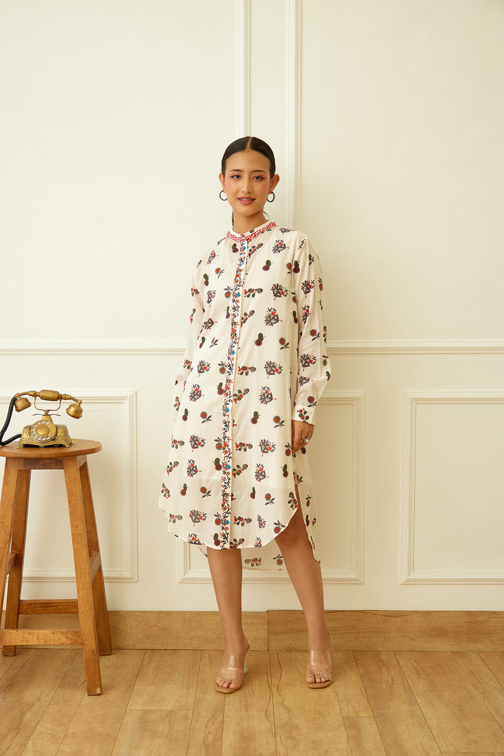 Ivory Kohinoor Buta Print Shirt Dress - Auraya Fashion -  - #tag1# - #tag2# - #tag3# - #tag3#