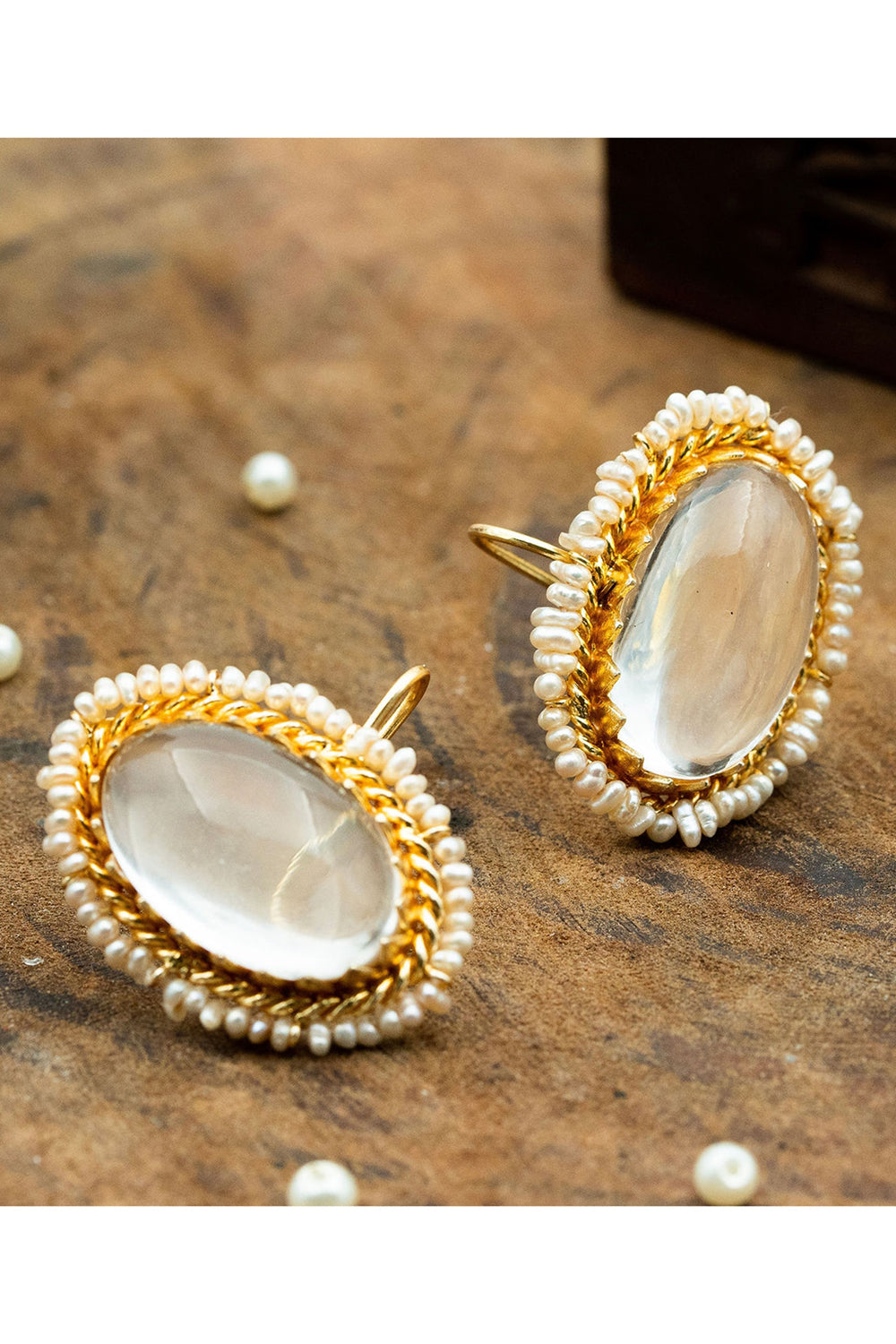 Quartz & Pearl Gold Finish Loop Earrings In Sterling Silver - Auraya Fashion - Tanvi Garg - #tag1# - #tag2# - #tag3# - #tag3#