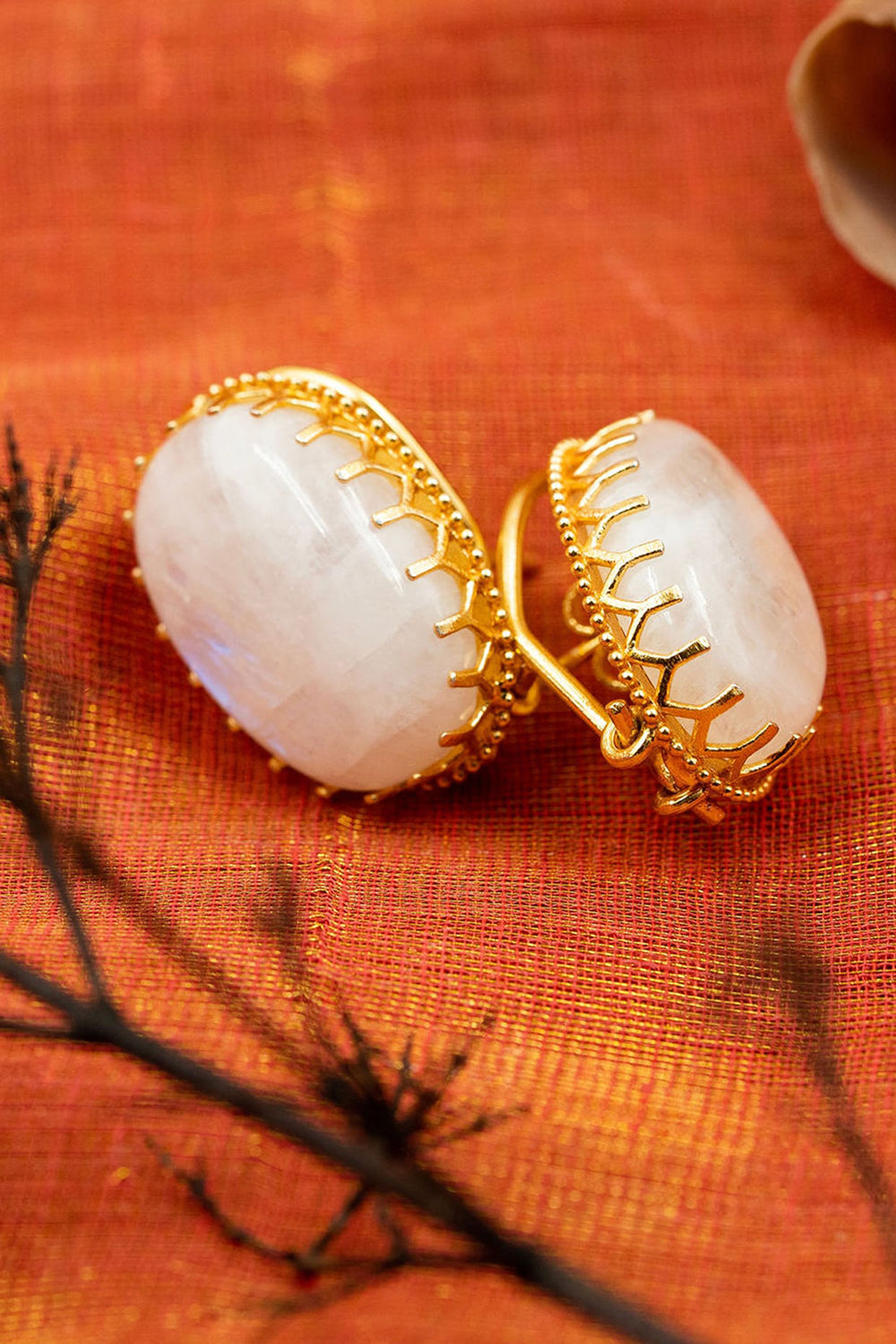 Moonstone Gold Finish Stud Earrings In Sterling Silver - Auraya Fashion - Tanvi Garg - #tag1# - #tag2# - #tag3# - #tag3#