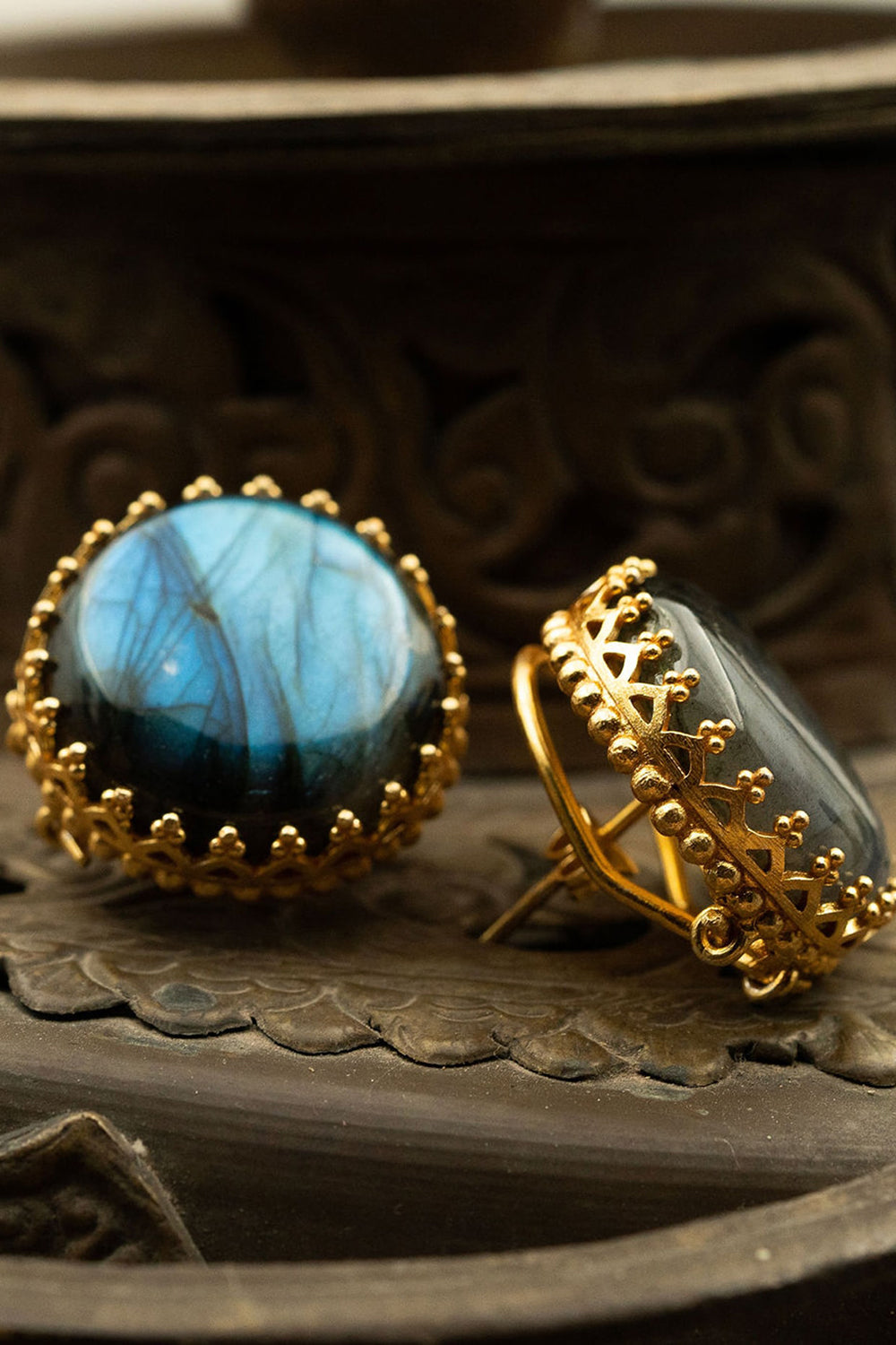 Labradorite Stone Gold Finish Stud Earrings In Sterling Silver - Auraya Fashion - Tanvi Garg - #tag1# - #tag2# - #tag3# - #tag3#