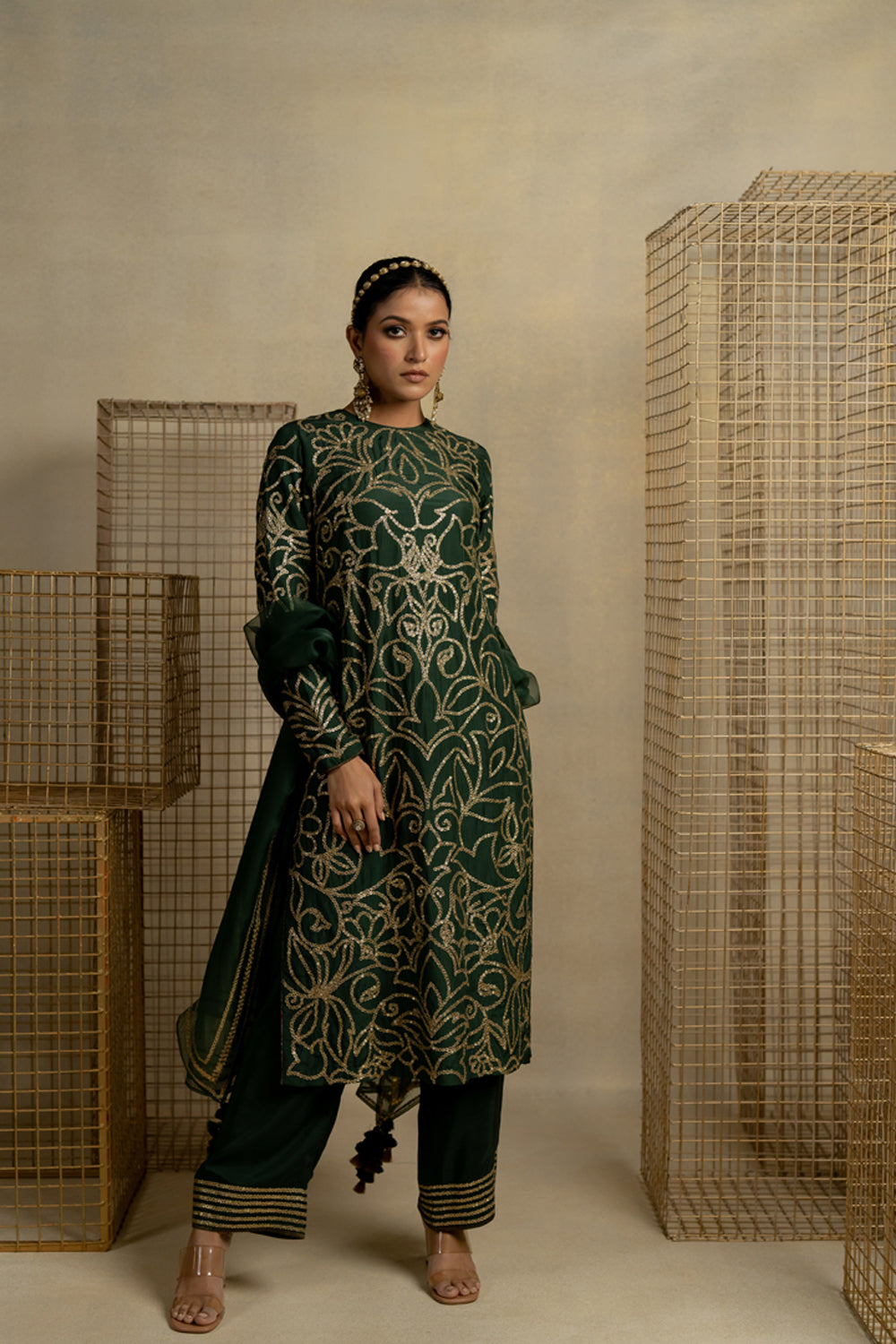 Mehndi Embroidered Kurta With Palazzo - Auraya Fashion -  - #tag1# - #tag2# - #tag3# - #tag3#