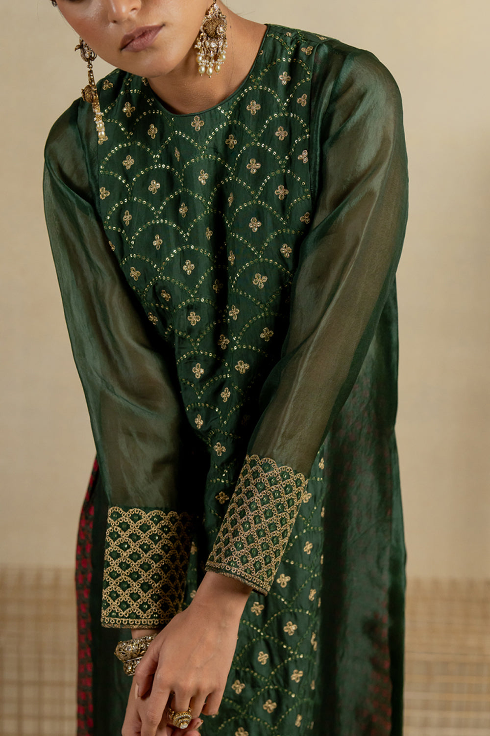 Mehndi Organza Kurta With Mogra Mehndi Crop And Pants - Auraya Fashion -  - #tag1# - #tag2# - #tag3# - #tag3#