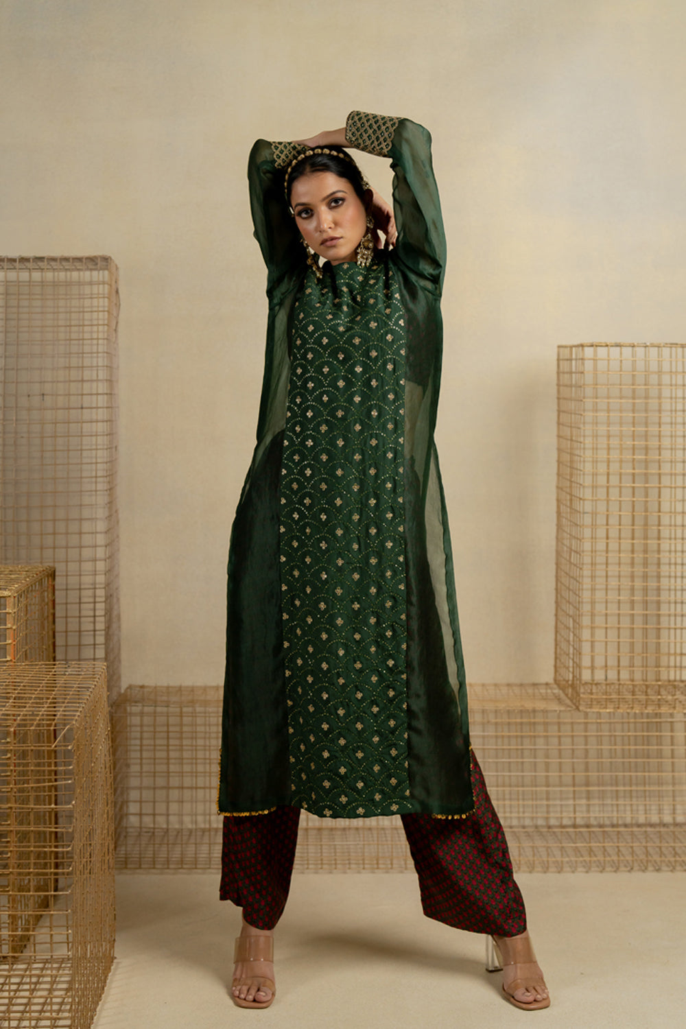 Mehndi Organza Kurta With Mogra Mehndi Crop And Pants - Auraya Fashion -  - #tag1# - #tag2# - #tag3# - #tag3#