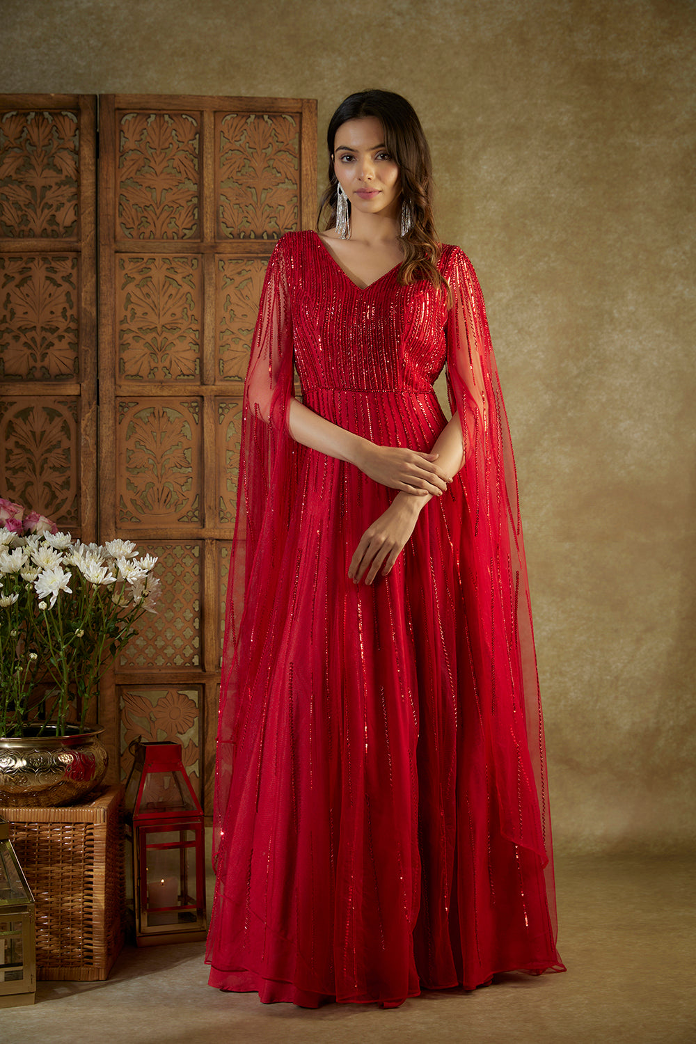 Red Embroidered Cocktail Gown With Cape Sleeves - Auraya Fashion - Mehak Murpana - #tag1# - #tag2# - #tag3# - #tag3#