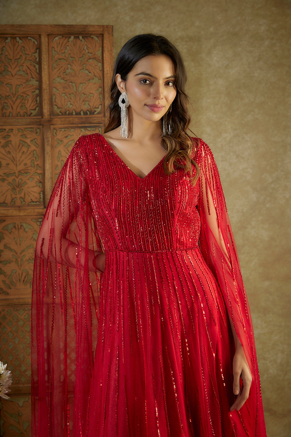 Red Embroidered Cocktail Gown With Cape Sleeves - Auraya Fashion -  - #tag1# - #tag2# - #tag3# - #tag3#