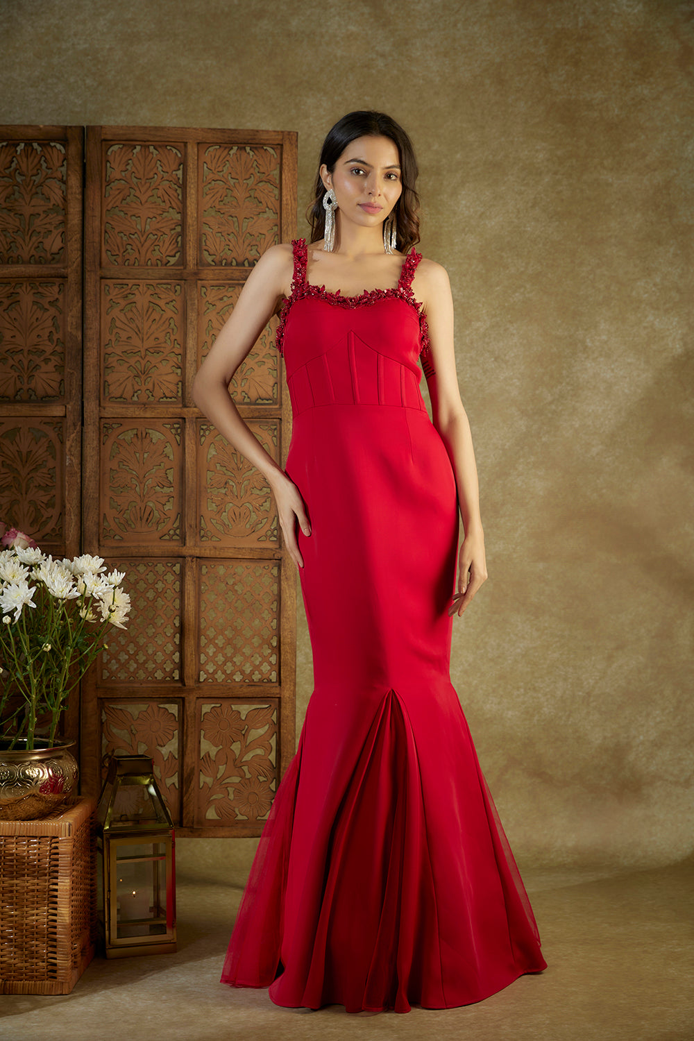 Red Embroidered Cocktail Fish Cut Gown With Inserts - Auraya Fashion - Mehak Murpana - #tag1# - #tag2# - #tag3# - #tag3#