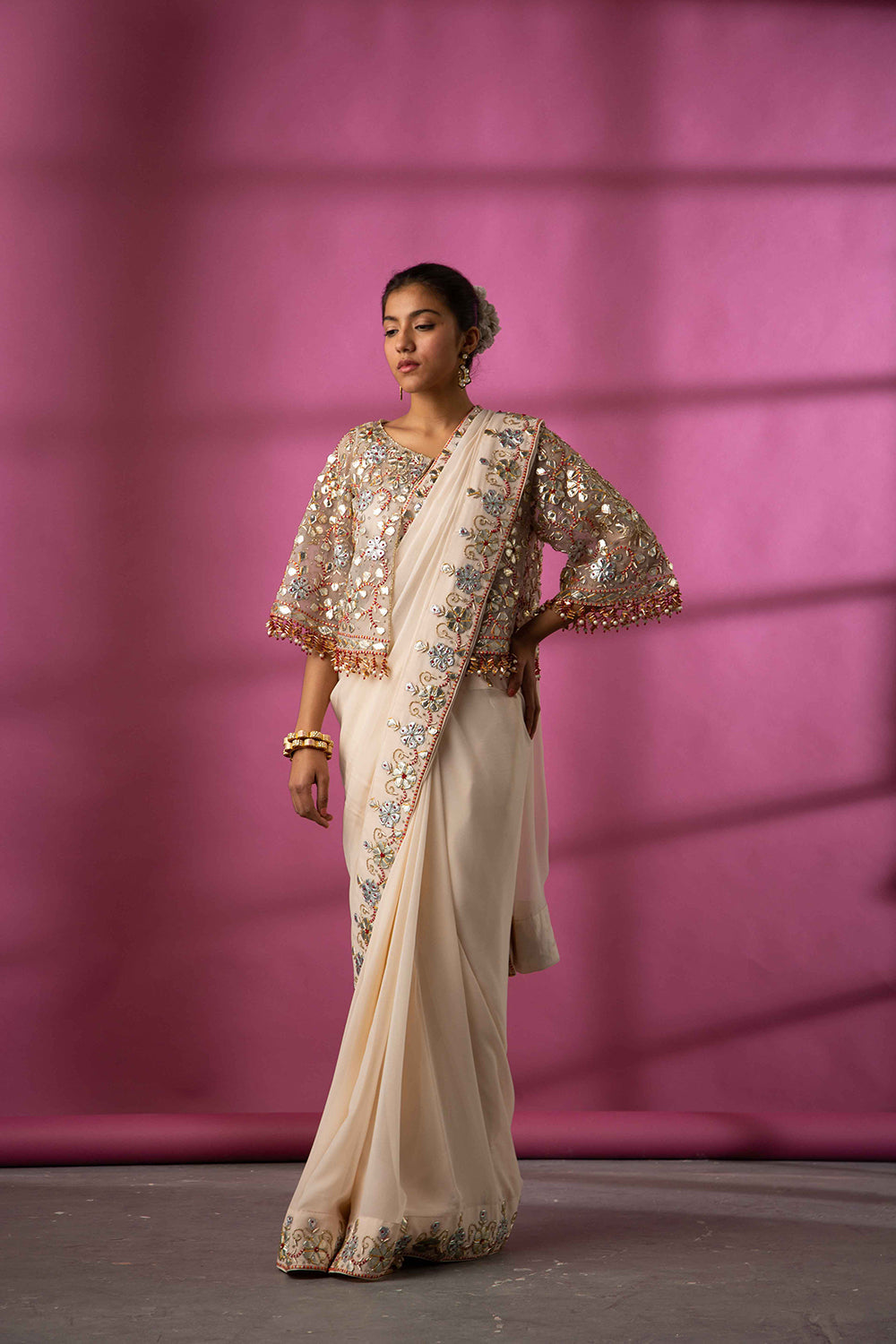 Ivory Gota Patti Saree, Blouse, Cape And Peticot - Auraya Fashion - Rachit Khanna - #tag1# - #tag2# - #tag3# - #tag3#