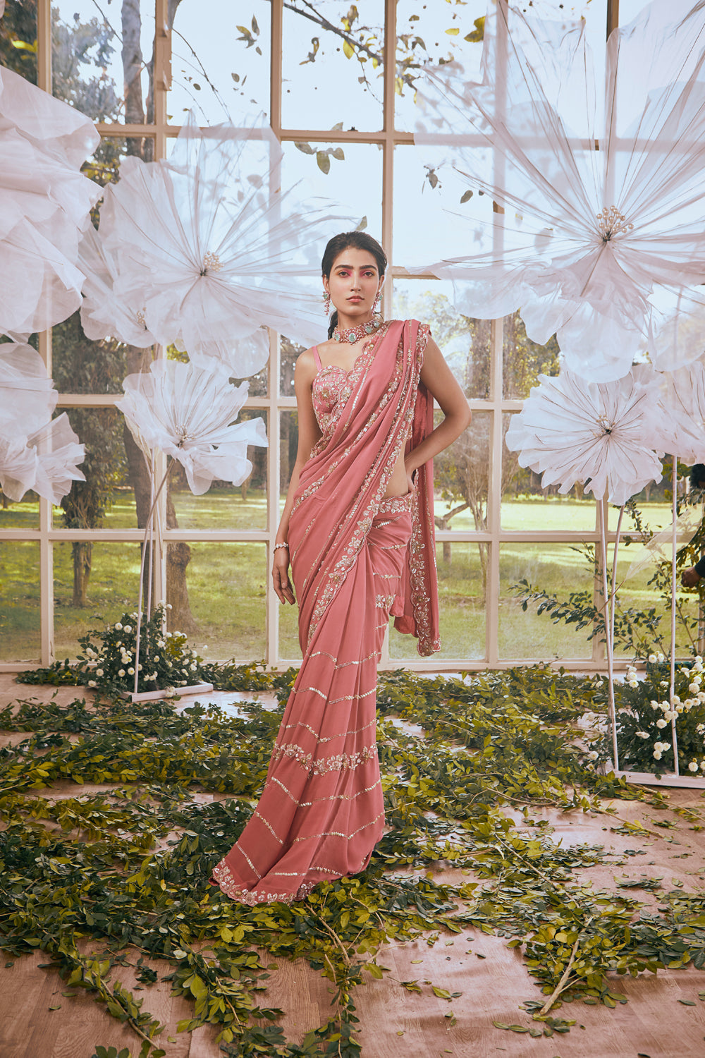 Salmon Pink Sari/ Blouse/ Petticoat - Auraya Fashion - Rachit Khanna - #tag1# - #tag2# - #tag3# - #tag3#