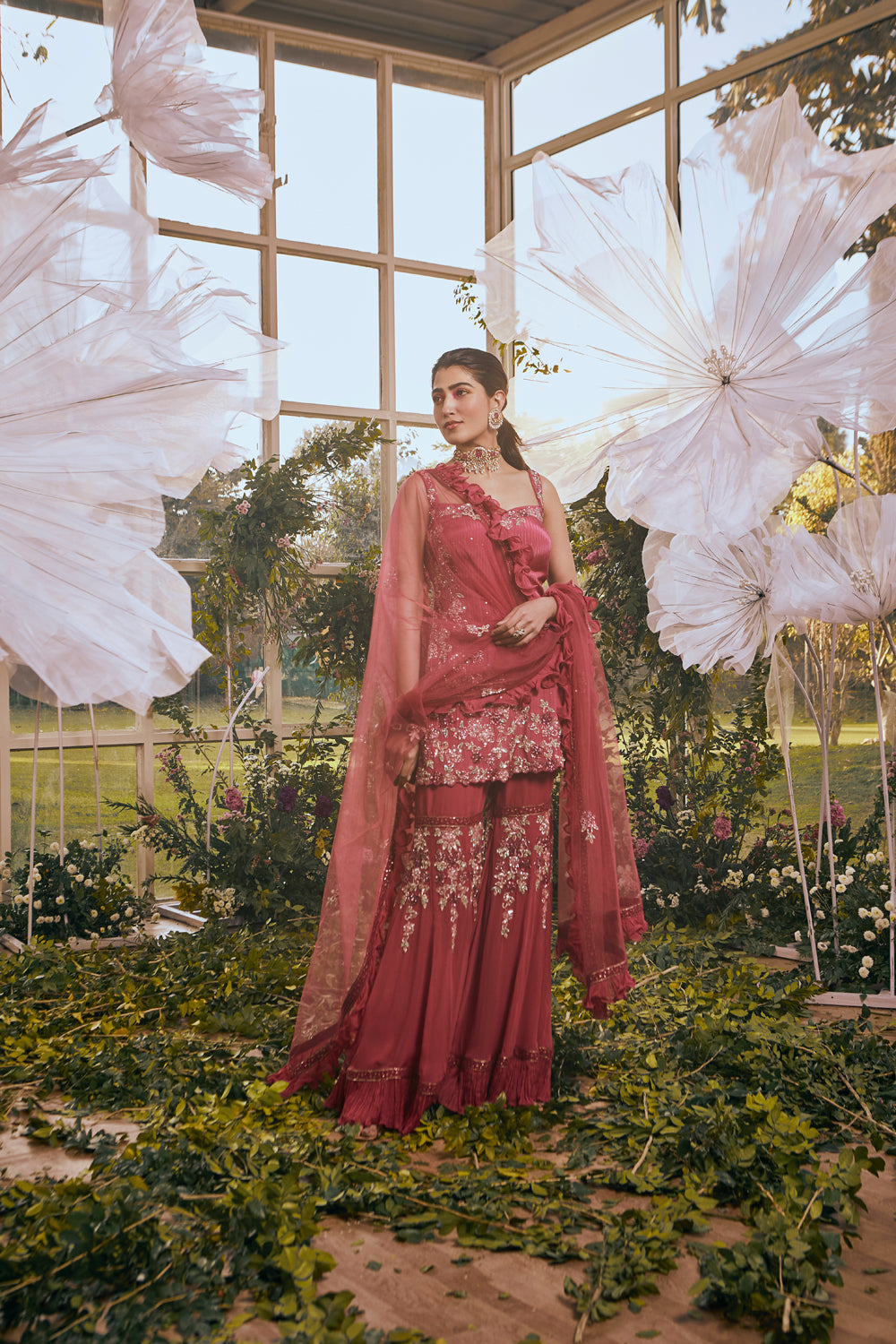 Salmon Pink Self Chiffon Tunic/Gharara/Dupatta/ Potli - Auraya Fashion - Rachit Khanna - #tag1# - #tag2# - #tag3# - #tag3#