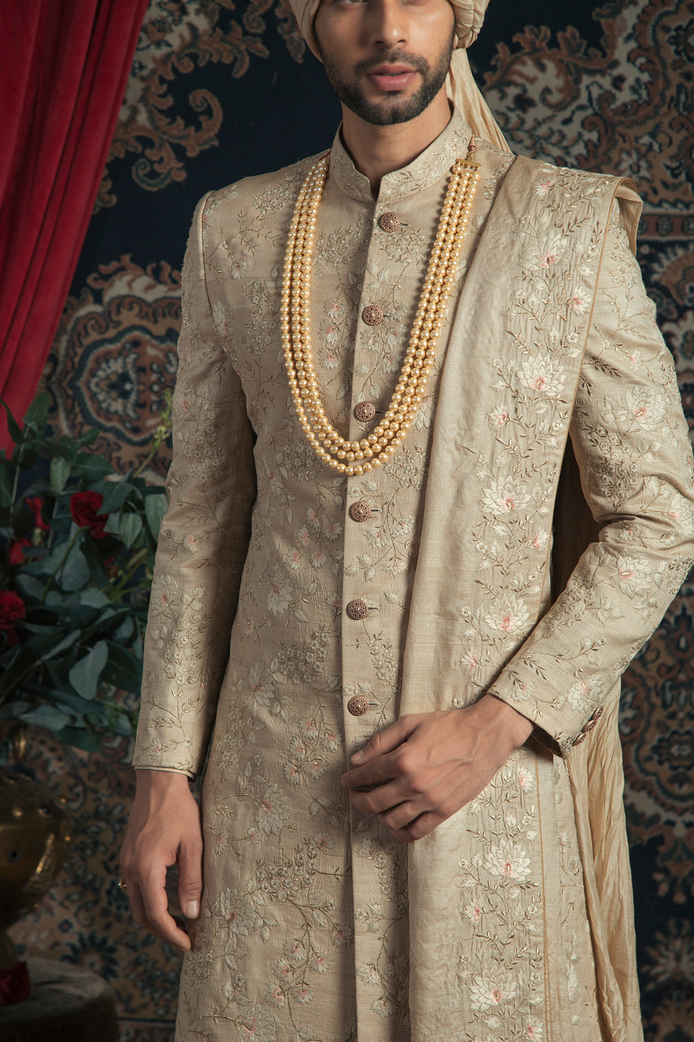 Golden Matka Silk With Peach Thread Work Sherwani - Auraya Fashion -  - #tag1# - #tag2# - #tag3# - #tag3#