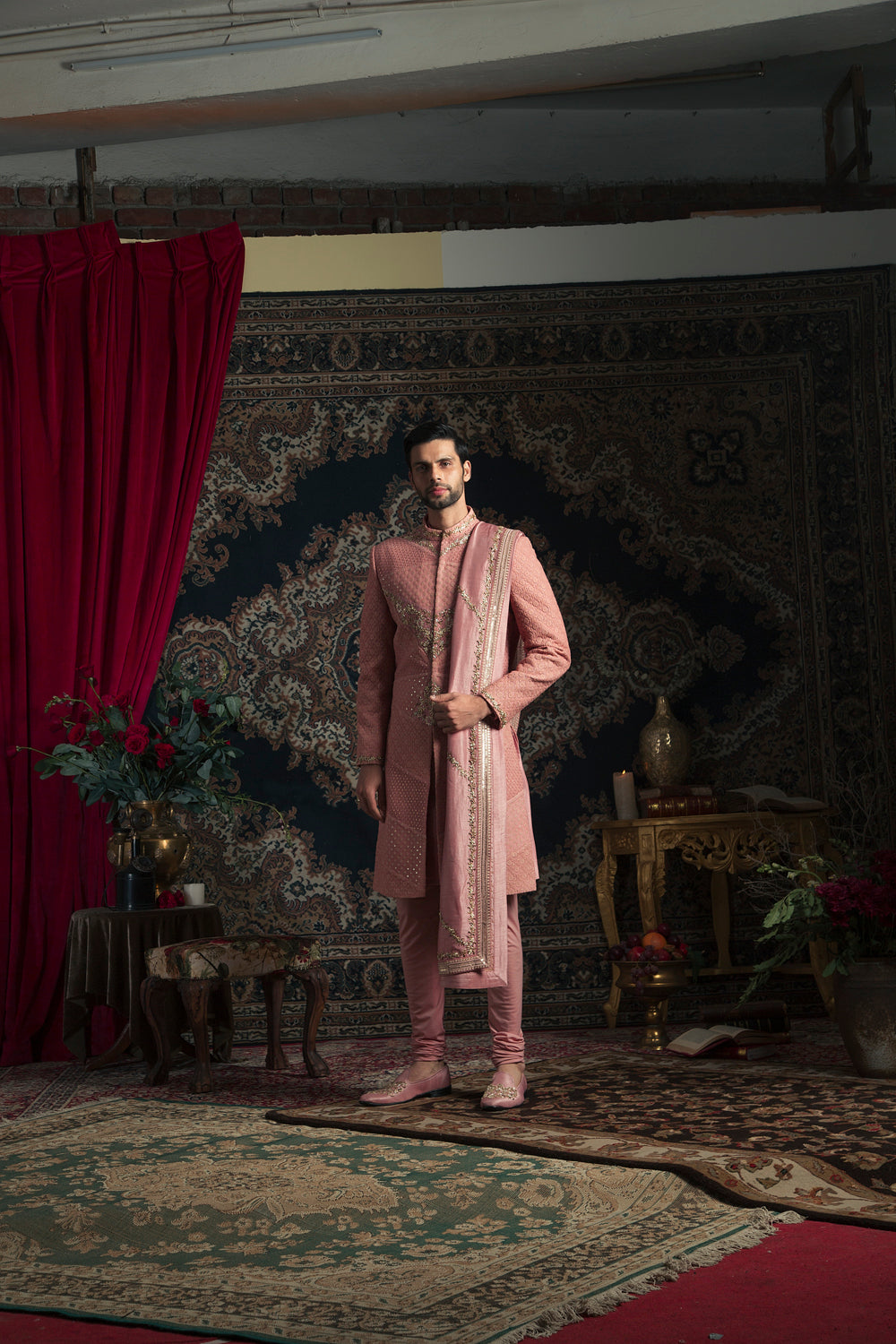 Dark Rosegold Lucknowi Sherwani Set - Auraya Fashion - Rachit Khanna Men - #tag1# - #tag2# - #tag3# - #tag3#