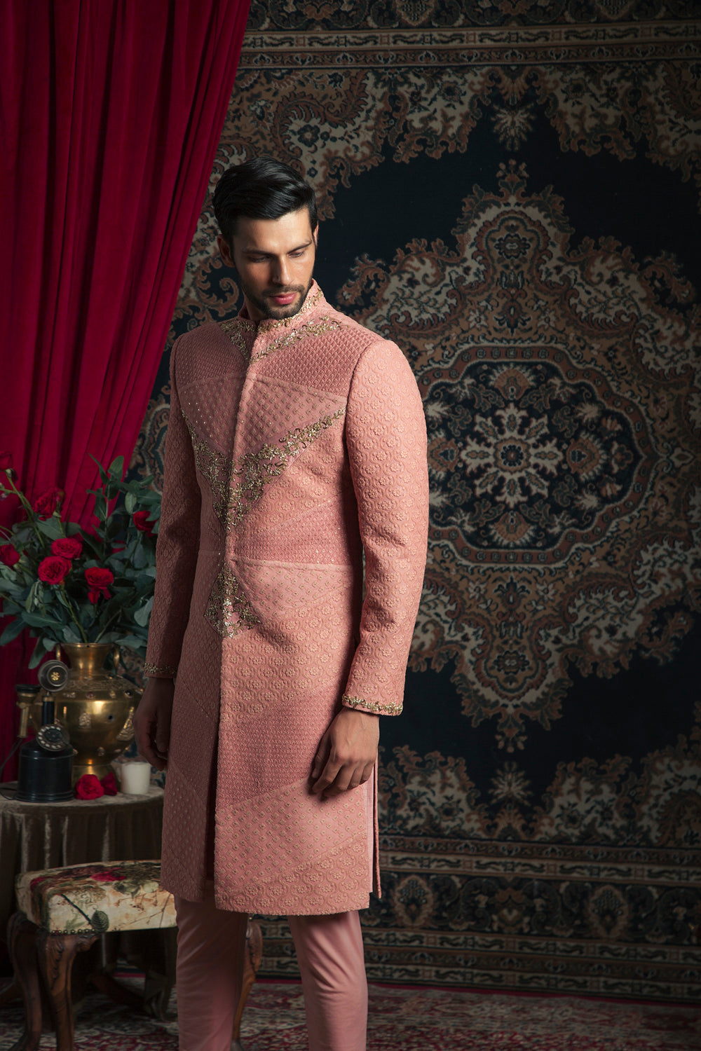 Dark Rosegold Lucknowi Sherwani Set - Auraya Fashion -  - #tag1# - #tag2# - #tag3# - #tag3#