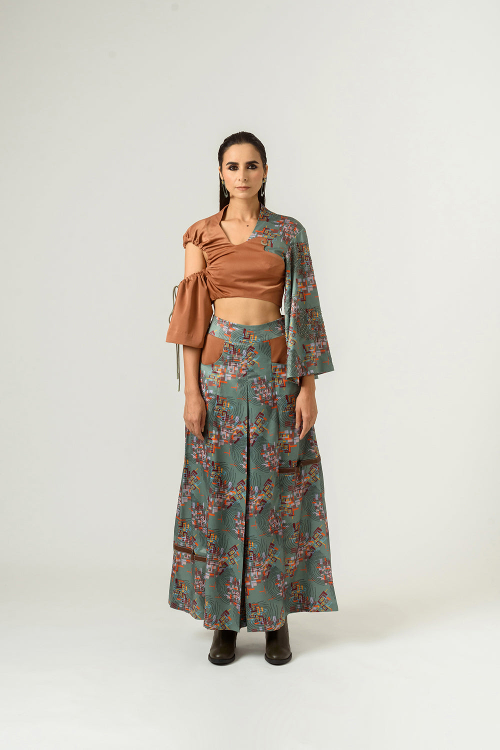 Irregular Sleeve Printed Crop Top - Auraya Fashion - Siddhant Agrawal - #tag1# - #tag2# - #tag3# - #tag3#