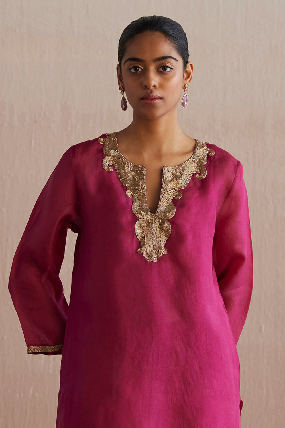 Organza Rani Pink Hand Embroidered Kurta Set - Auraya Fashion -  - #tag1# - #tag2# - #tag3# - #tag3#