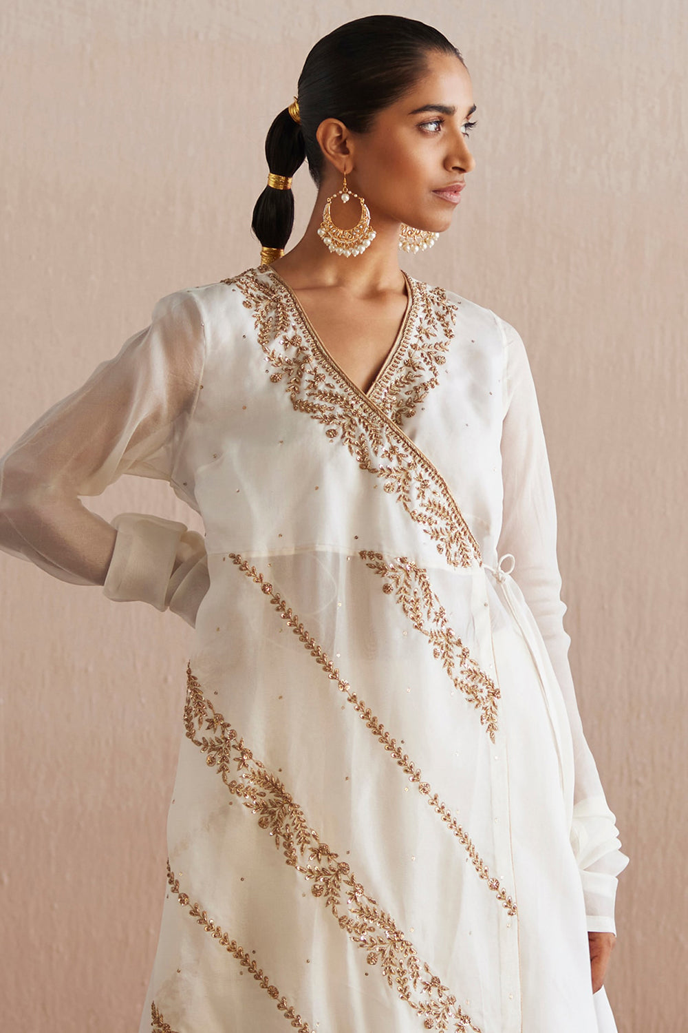 Organza Off-White Hand Embroidered Angrakha Kurta Set - Auraya Fashion -  - #tag1# - #tag2# - #tag3# - #tag3#