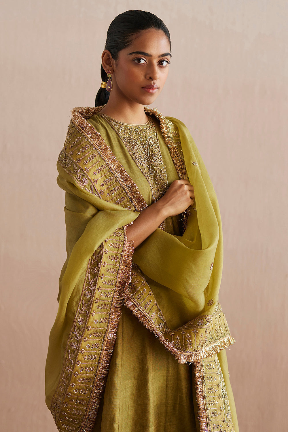 Cotton Tissue Chartreuse Green Hand Embroidered Kurta Set - Auraya Fashion -  - #tag1# - #tag2# - #tag3# - #tag3#