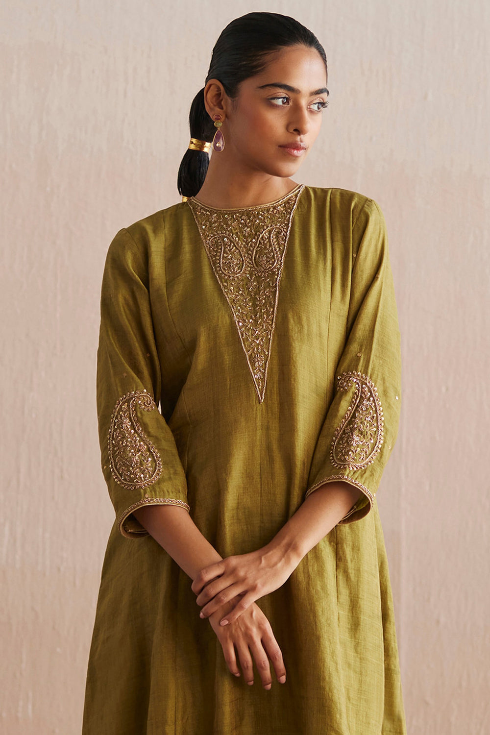 Cotton Tissue Chartreuse Green Hand Embroidered Kurta Set - Auraya Fashion -  - #tag1# - #tag2# - #tag3# - #tag3#