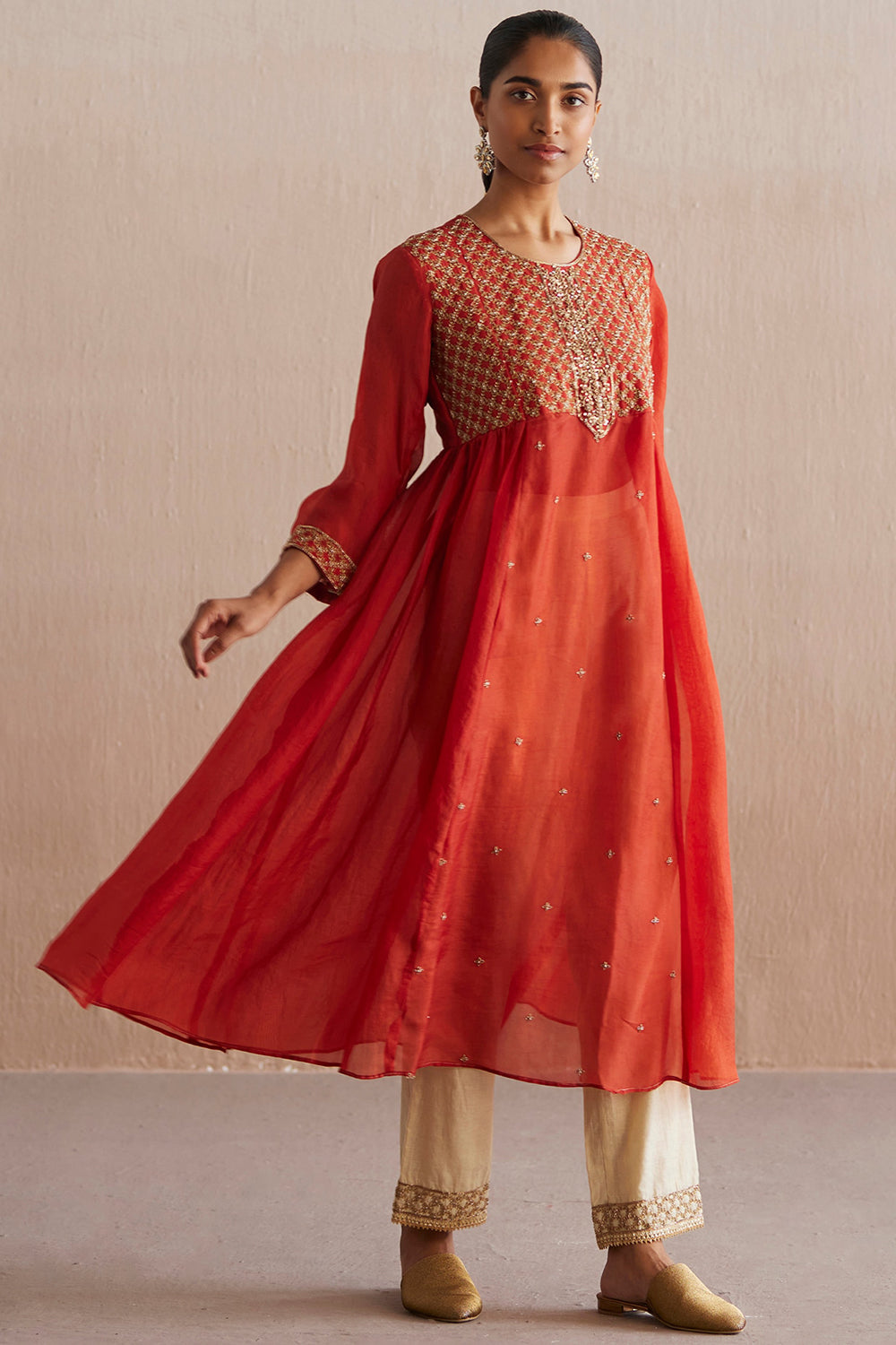 Organza Rust Orange Hand Embroidered Kurta Set - Auraya Fashion - Weaverstory - #tag1# - #tag2# - #tag3# - #tag3#