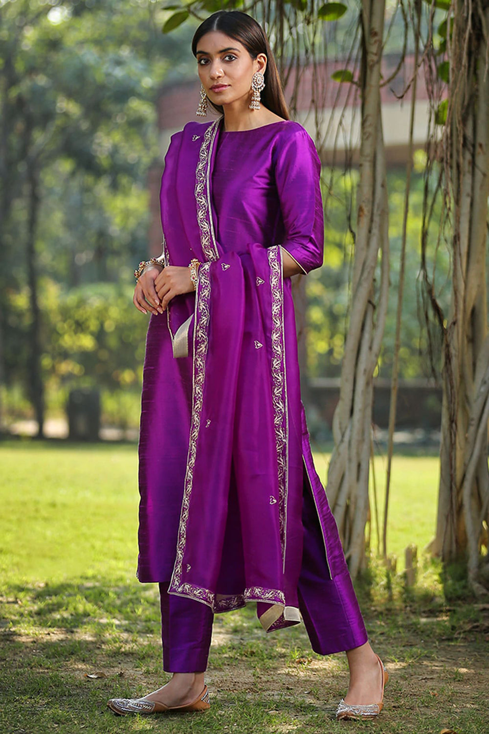 Silk Raw Purple Zardosi Embroidered Straight Kurta Set - Auraya Fashion - Weaverstory - #tag1# - #tag2# - #tag3# - #tag3#