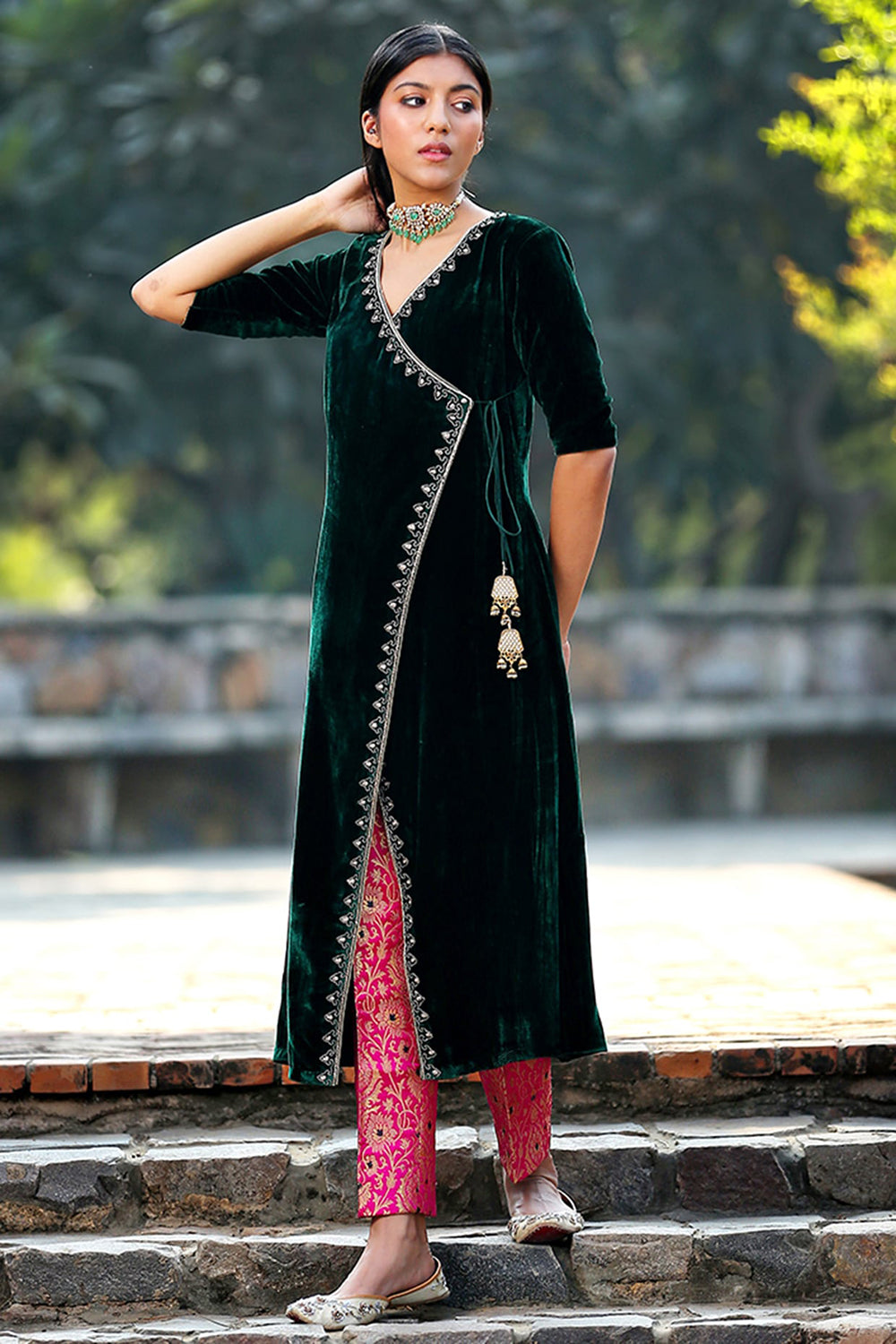 Silk Velvet Dark Green Embroidered Angrakha Kalidar Kurta Set - Auraya Fashion - Weaverstory - #tag1# - #tag2# - #tag3# - #tag3#