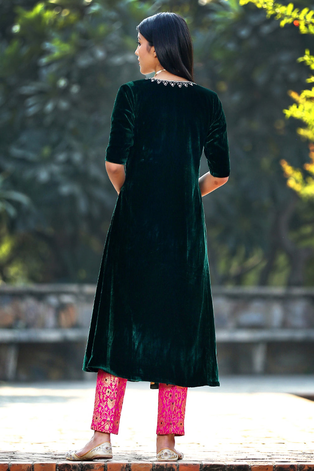 Silk Velvet Dark Green Embroidered Angrakha Kalidar Kurta Set - Auraya Fashion -  - #tag1# - #tag2# - #tag3# - #tag3#