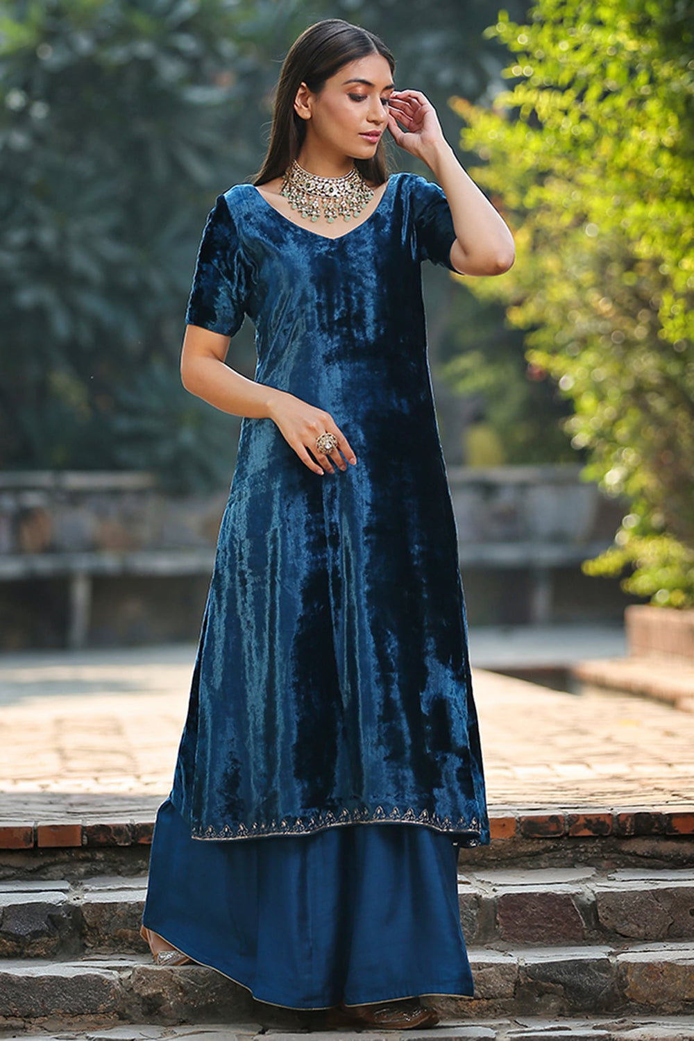 Silk Velvet Teal Blue Embroidered A-Line Kurta Set - Auraya Fashion - Weaverstory - #tag1# - #tag2# - #tag3# - #tag3#