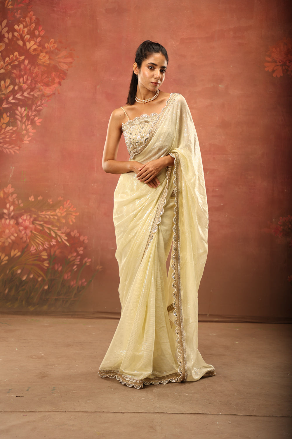 Pearled Ivory Studded Saree - Auraya Fashion - Vinita Paryani - #tag1# - #tag2# - #tag3# - #tag3#