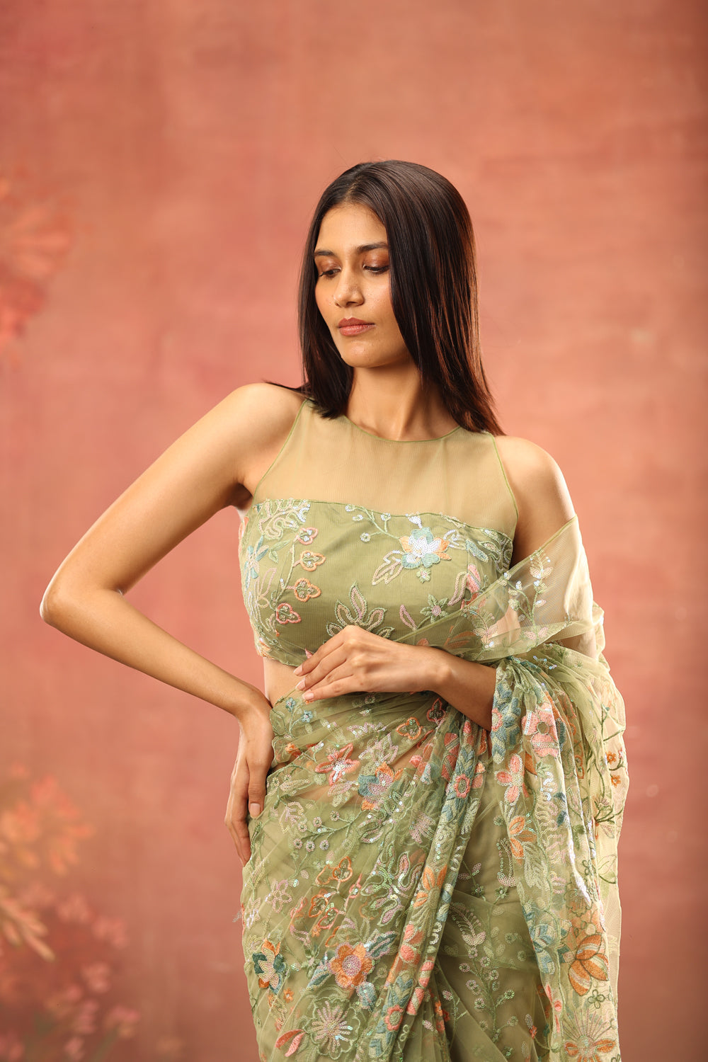 Tea Green Blossom Saree - Auraya Fashion -  - #tag1# - #tag2# - #tag3# - #tag3#