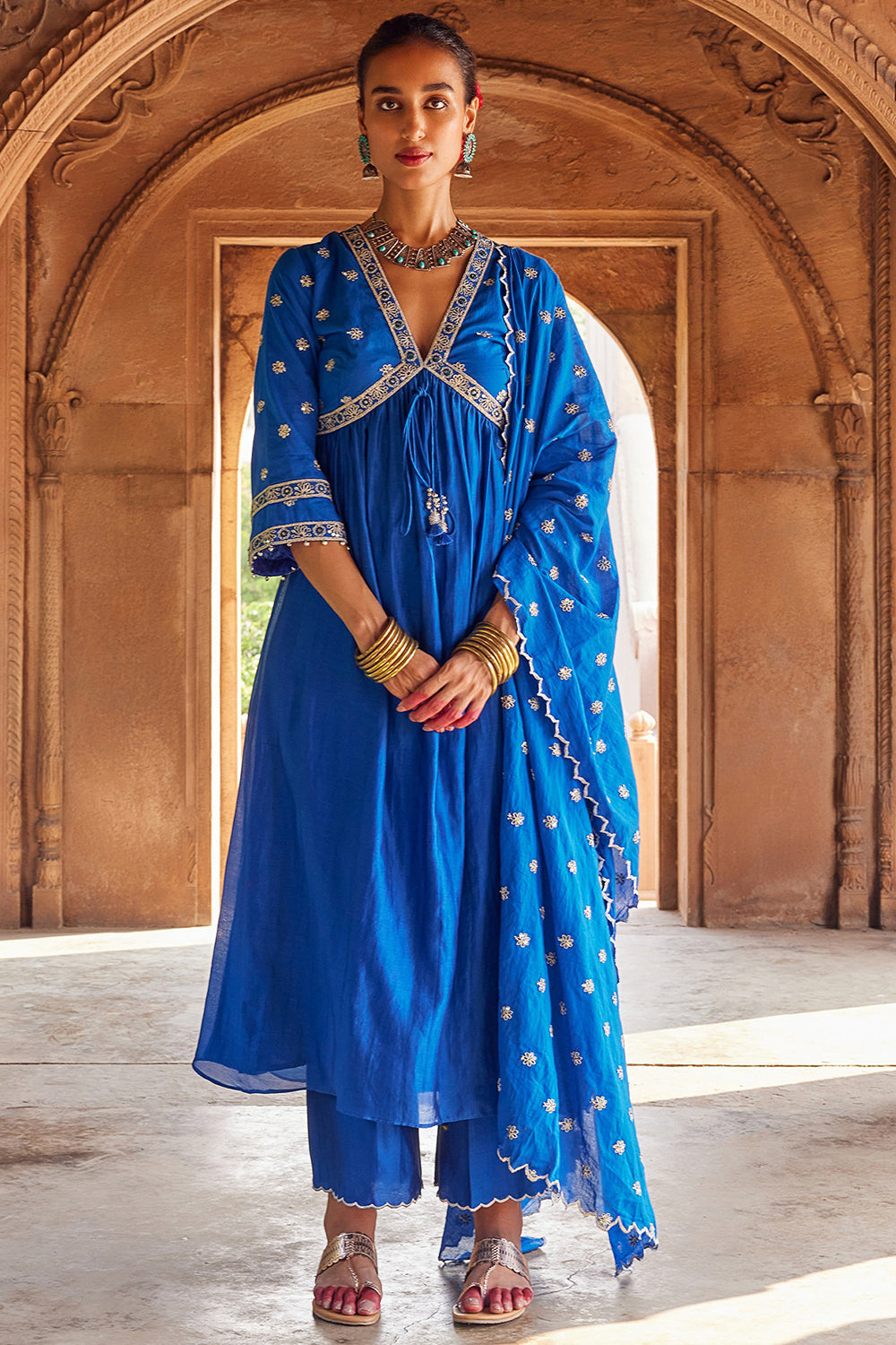 Embroidered Electric Blue Chanderi Silk Kurta Set - Auraya Fashion - Seema Nanda - #tag1# - #tag2# - #tag3# - #tag3#