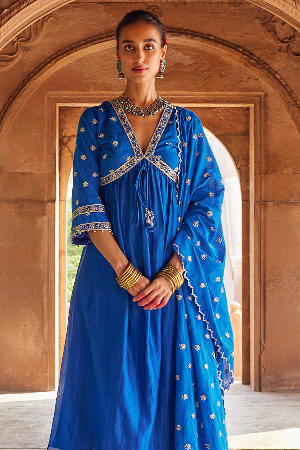 Embroidered Electric Blue Chanderi Silk Kurta Set - Auraya Fashion -  - #tag1# - #tag2# - #tag3# - #tag3#