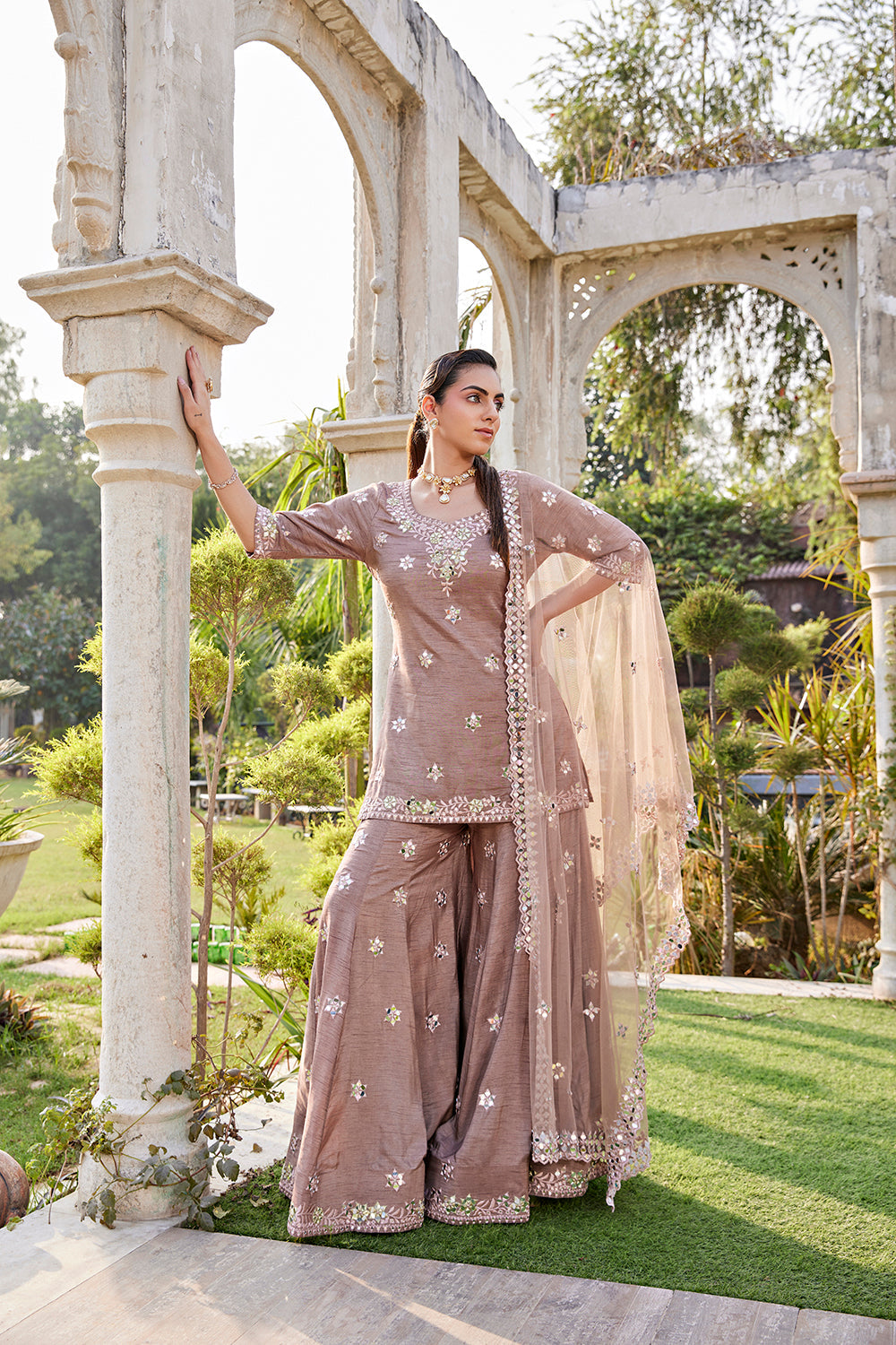 Coffee Mirror Embroidered Short Kurta, Sharara And Dupatta Set - Auraya Fashion - Mehak Murpana - #tag1# - #tag2# - #tag3# - #tag3#