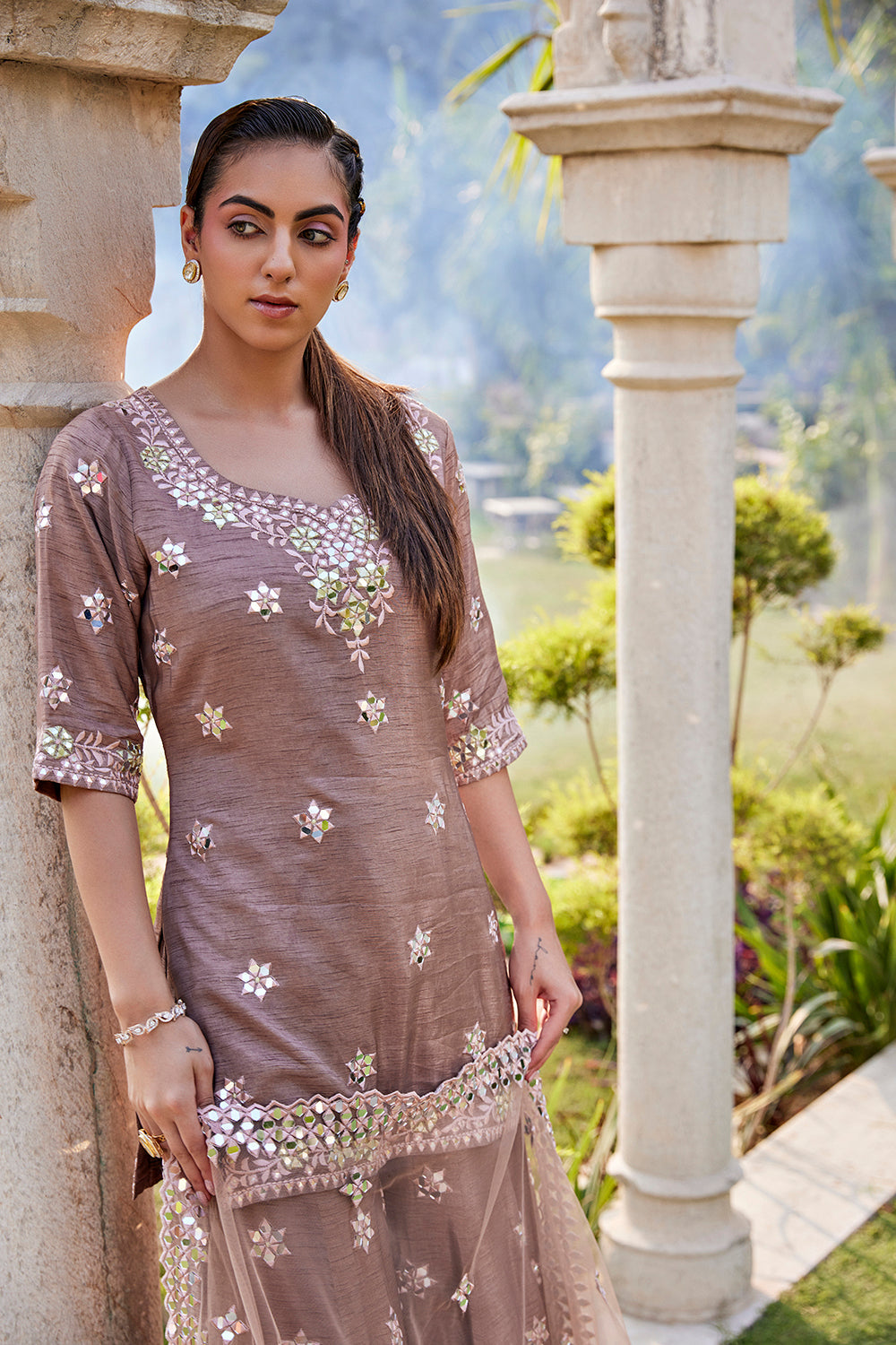 Coffee Mirror Embroidered Short Kurta, Sharara And Dupatta Set - Auraya Fashion -  - #tag1# - #tag2# - #tag3# - #tag3#