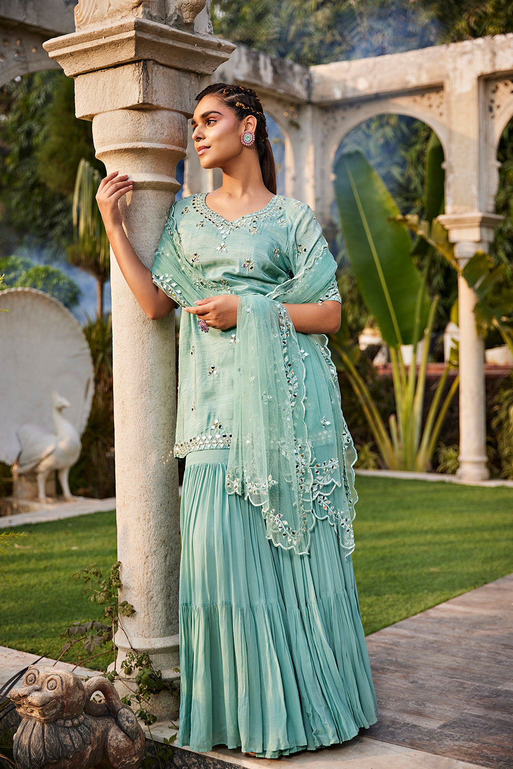 Sea Green Mirror Embroidered Short Kurta, Sharara And Dupatta Set - Auraya Fashion - Mehak Murpana - #tag1# - #tag2# - #tag3# - #tag3#